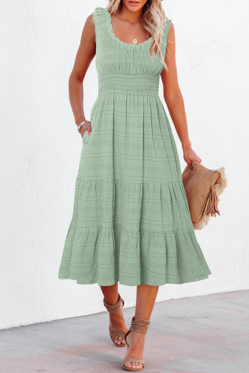 Black Shirred Pleated Square Neck Sleeveless Midi Dress
