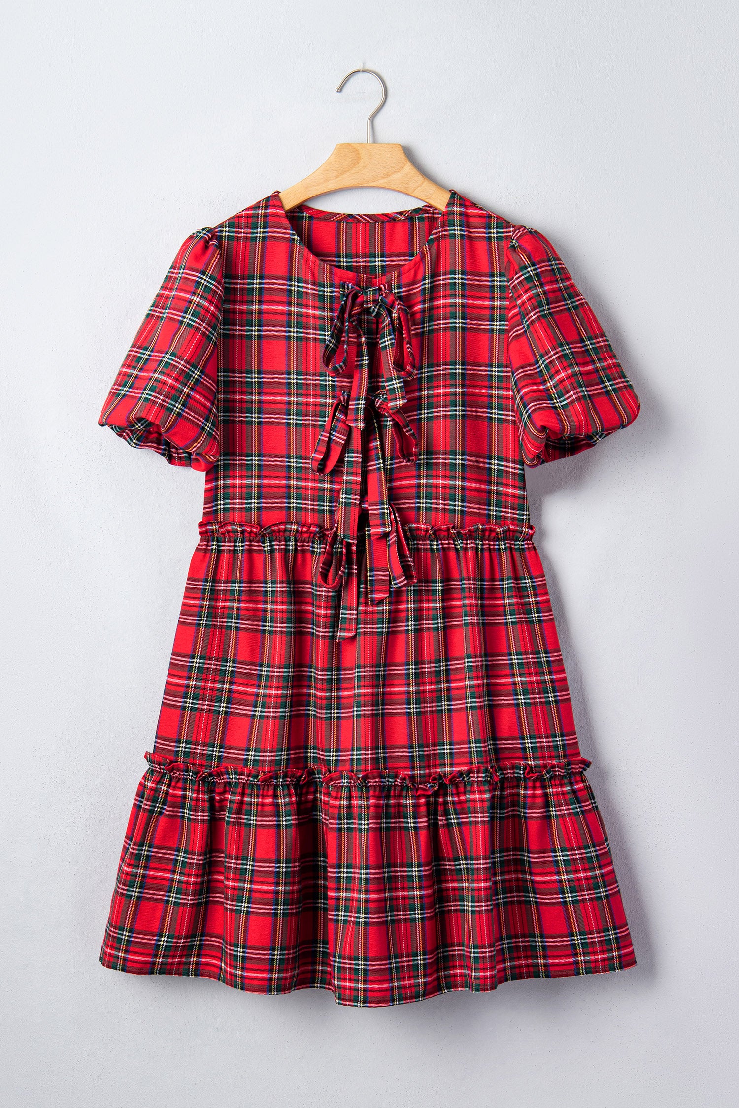 Red Plaid Knot Neck Short Sleeve Mini Shift Dress