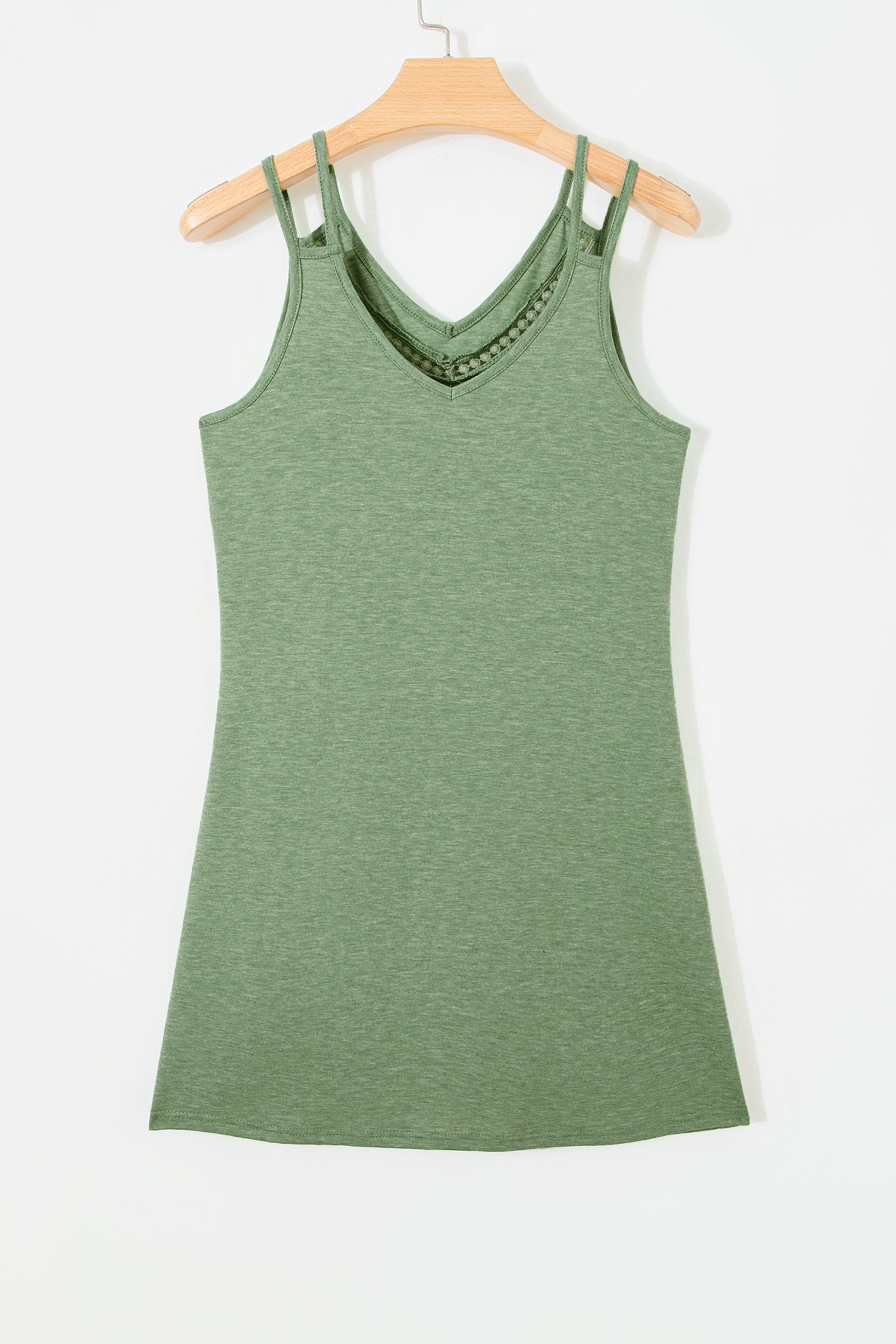 Grass Green Solid Color Lace Detail V Neck Sleeveless Shift Mini Dress