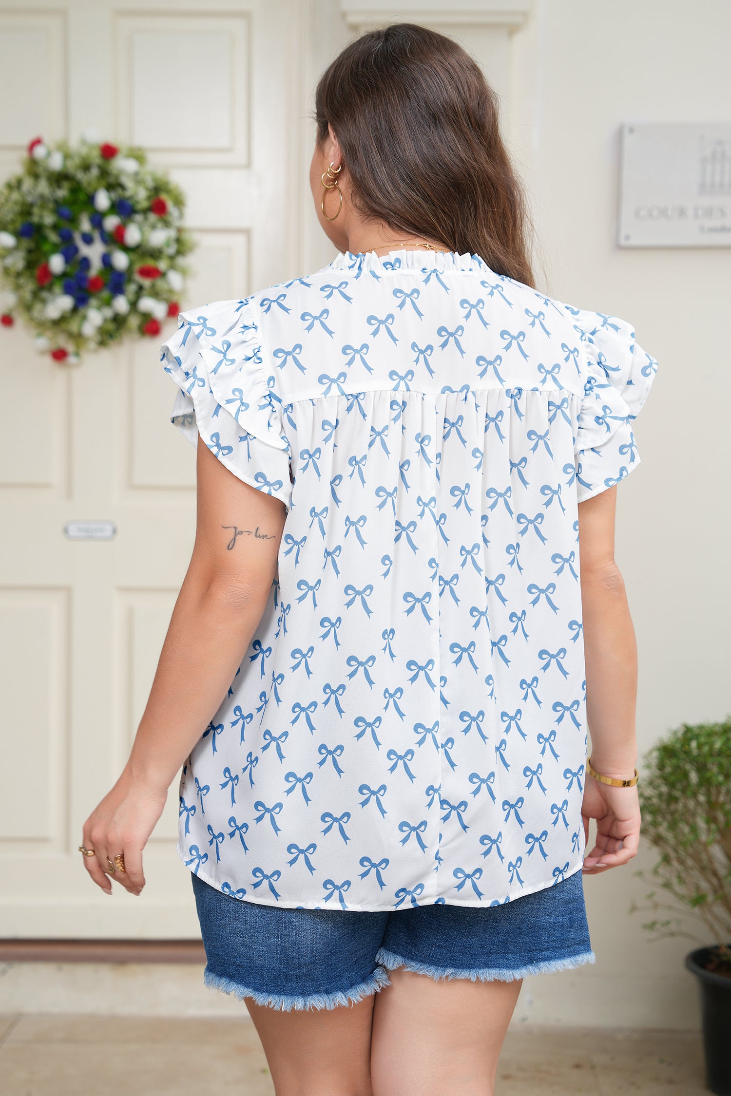 Sky Blue Ruffled Short Sleeve Plus Size Bow Top