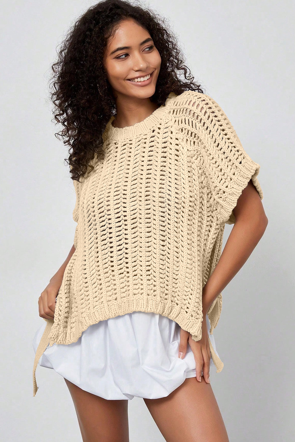 Pink Plus Size Open Knit Bow Tie Short Sleeve Sweater