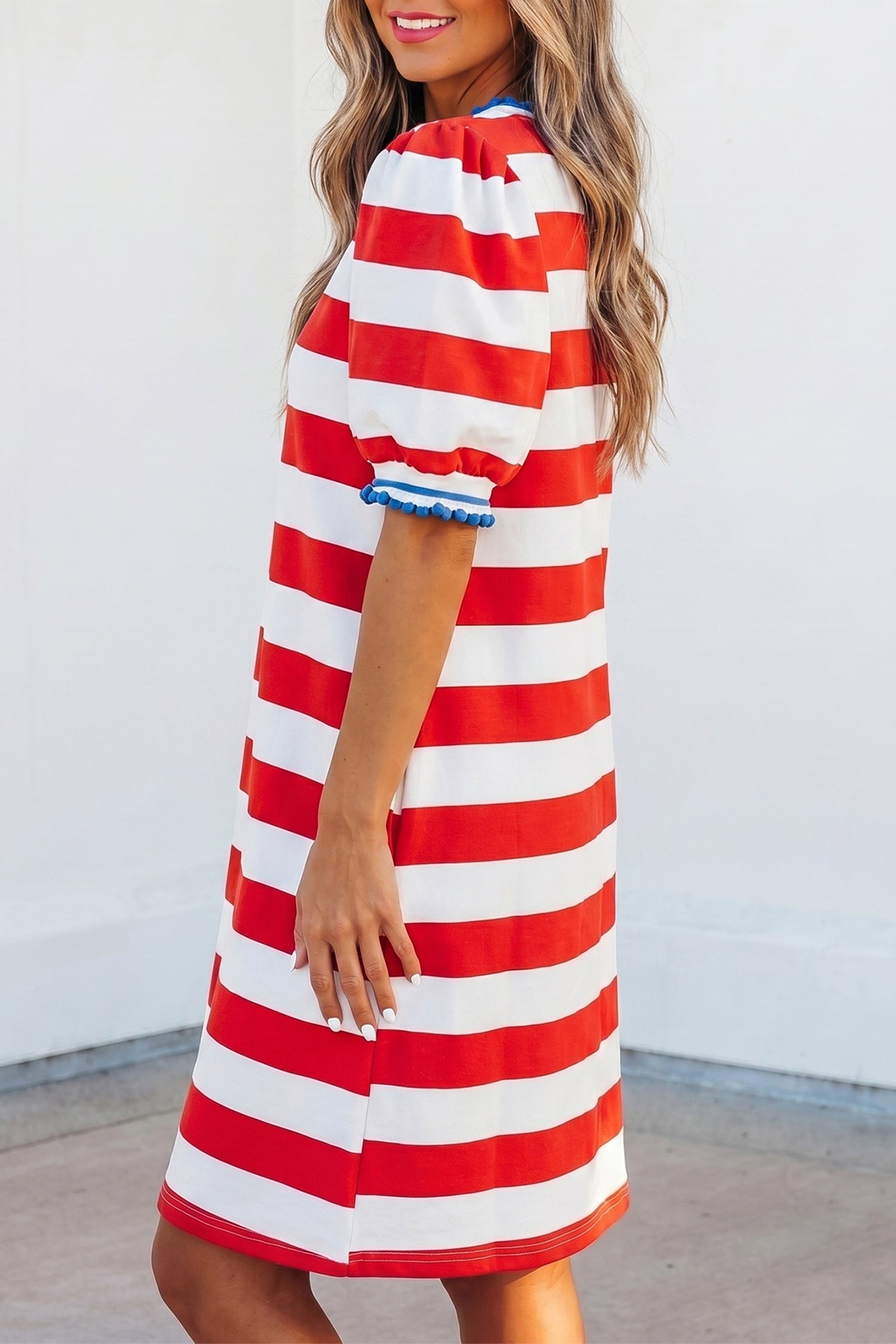 Blue Stripe Contrast Trim Round Neck Short Puff Sleeve Shift Mini Dress