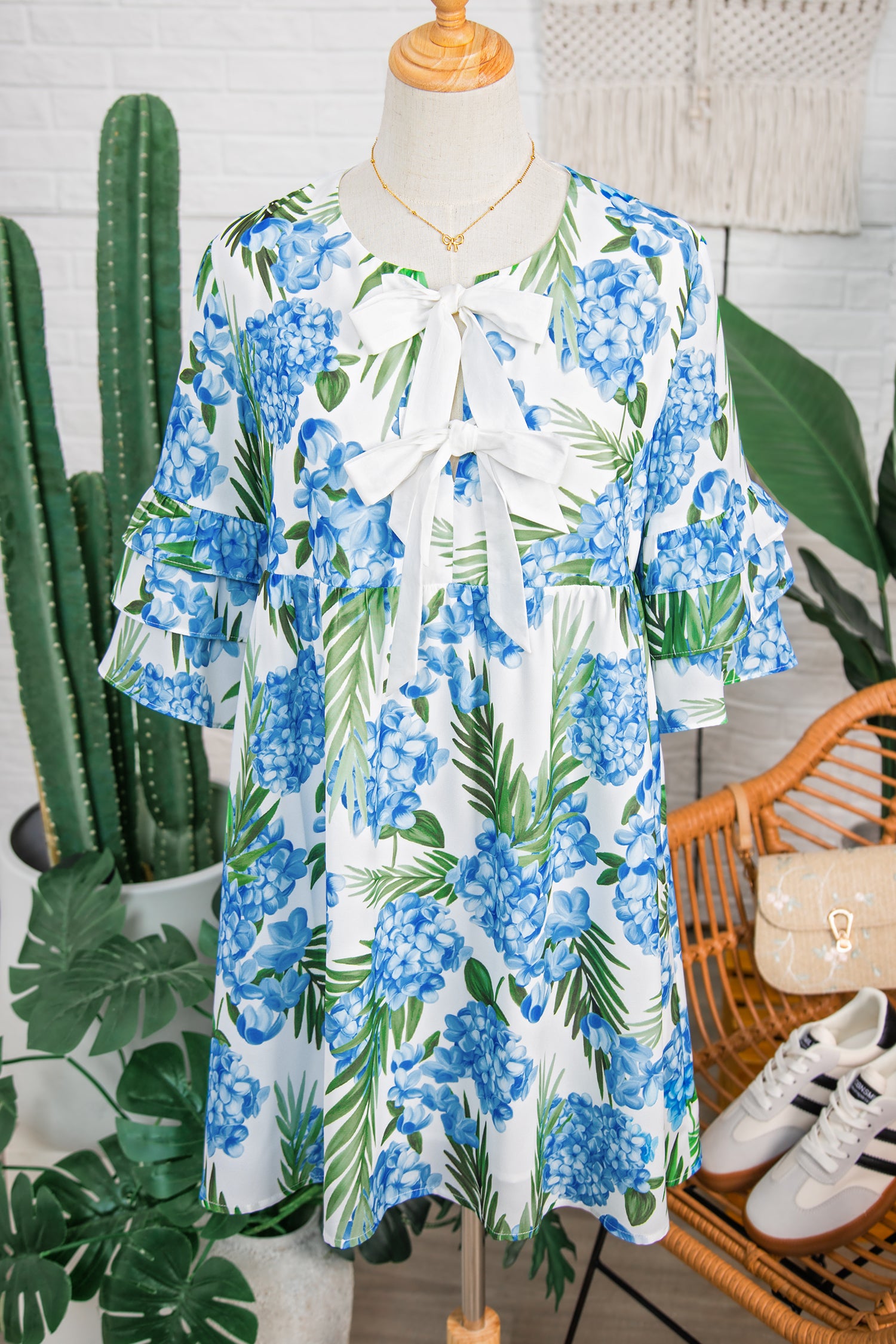 Sky Blue Palm Floral Print Contrast Ribbon Knot Ruffle Tiered Sleeve Mini Dress