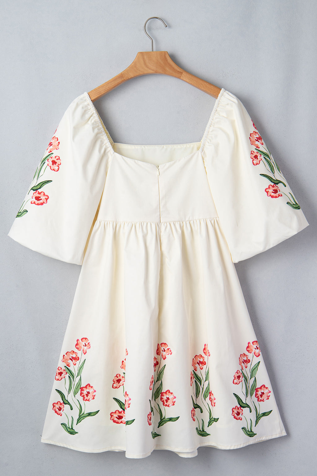 Beige Floral Print Puff Sleeve Babydoll Dress