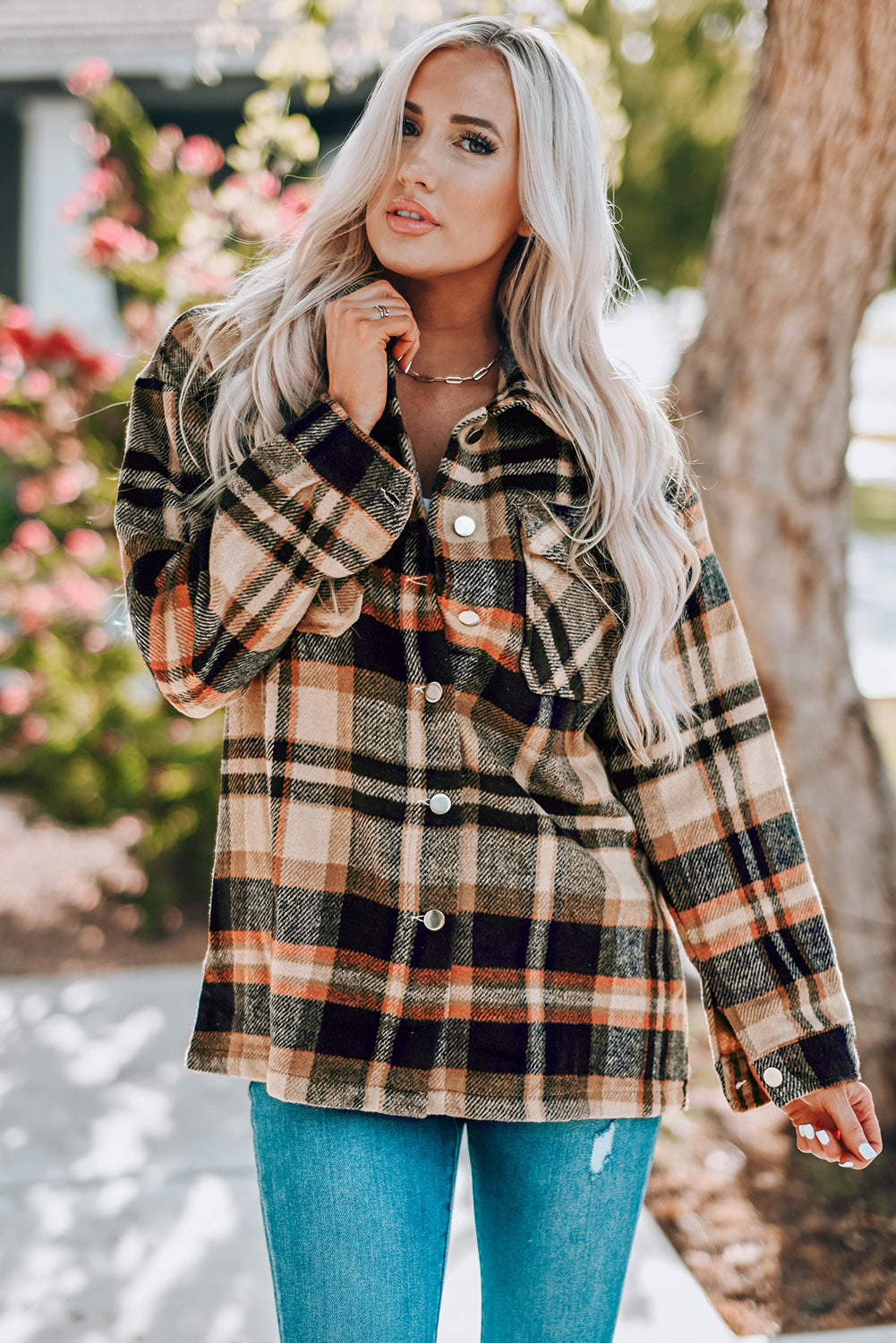 Fiery Red Geometric Plaid Print Pocketed Shacket
