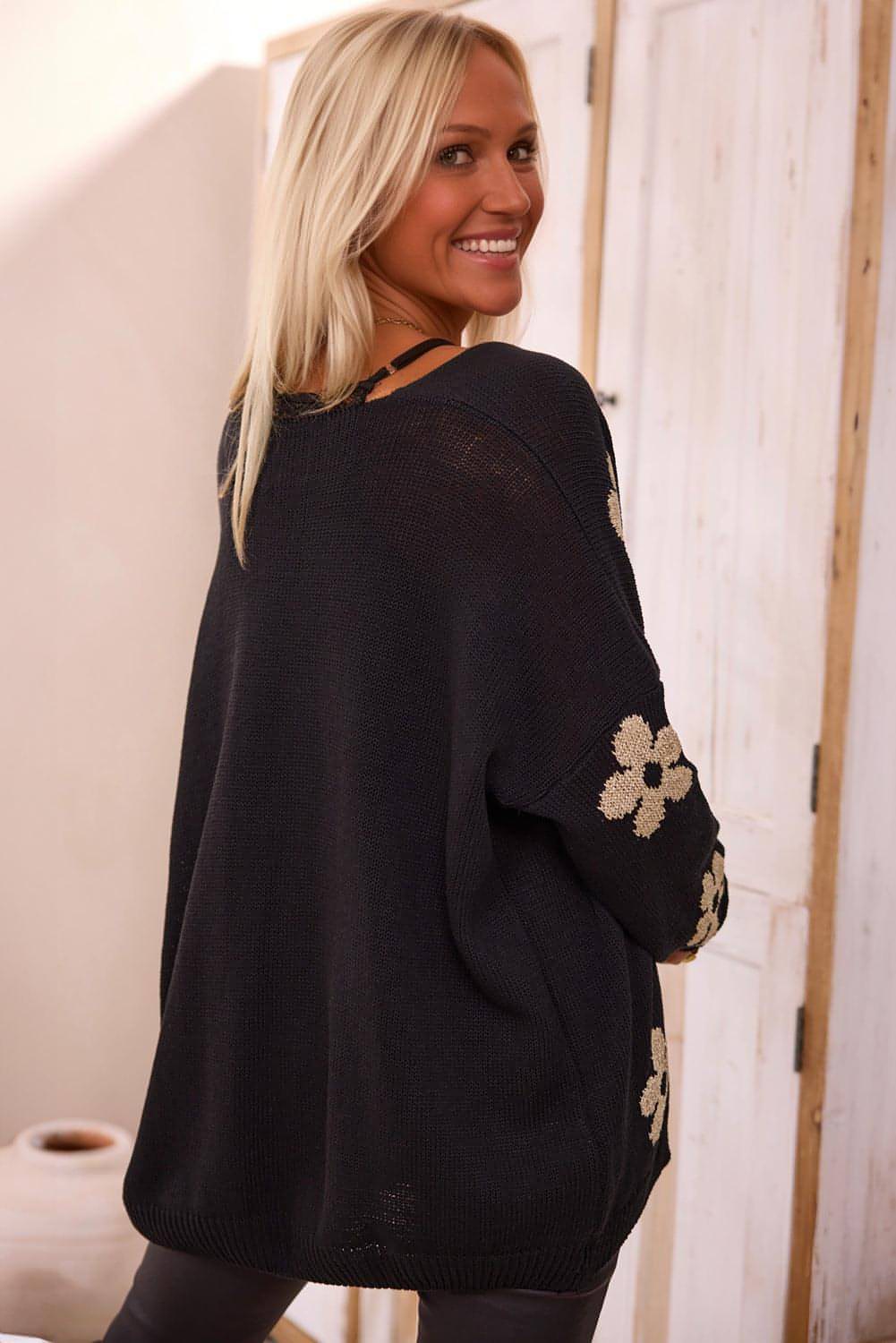 Cárdigan holgado de punto con estampado floral negro y parte delantera abierta