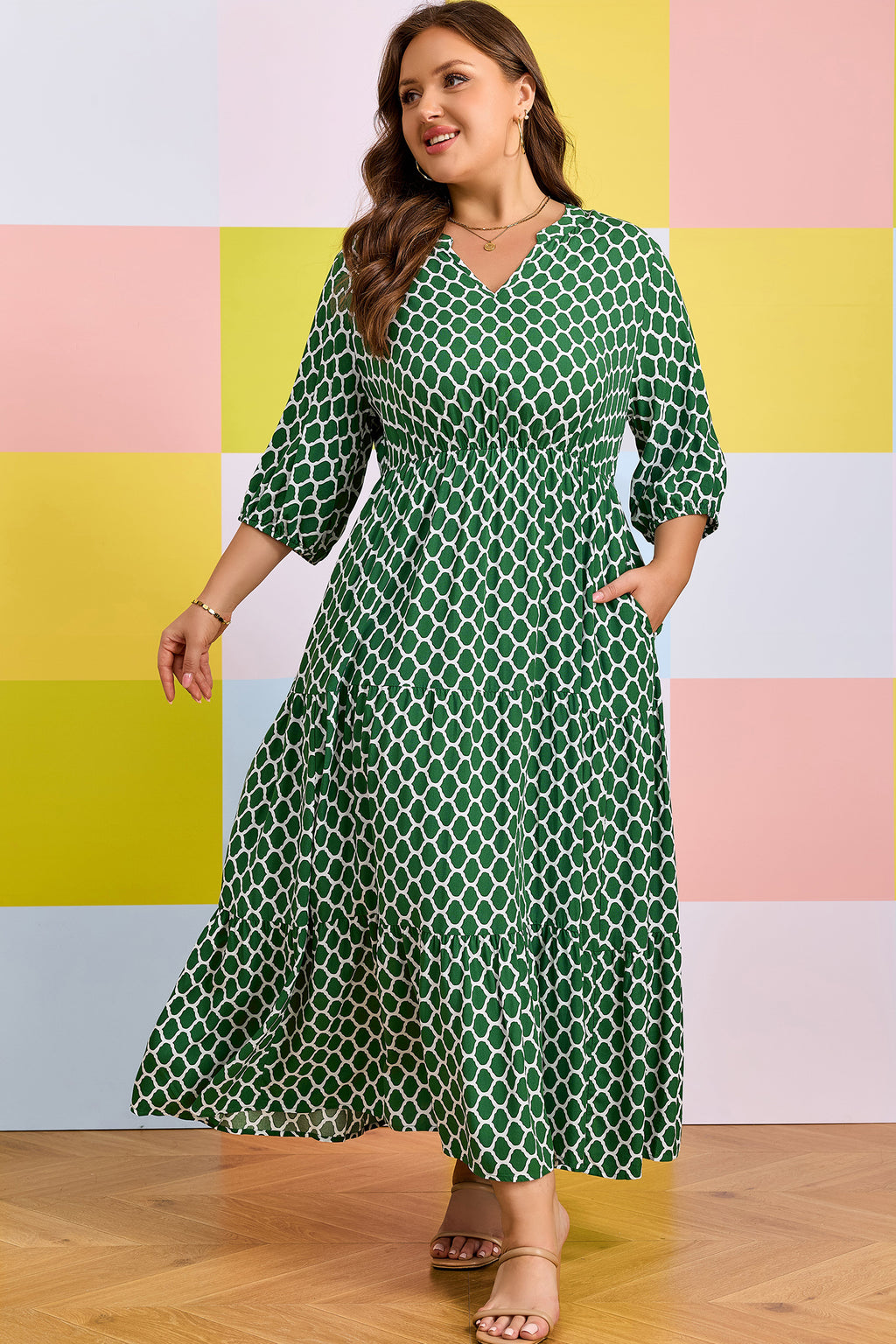 Green Plus Size Geometric Print Pocketed Ruffle Hem Casual Dress