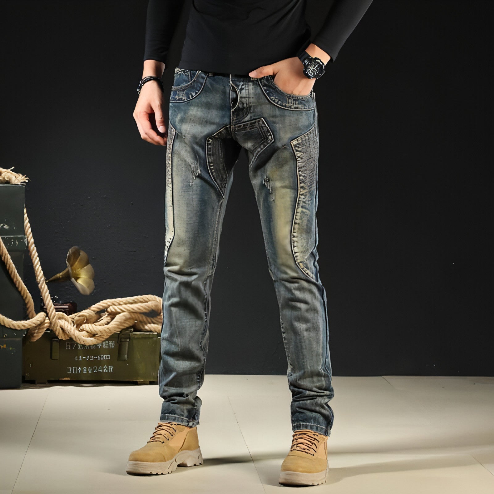 Pantalones vaqueros de motociclista nostálgicos retro de estilo japonés a la moda para hombre