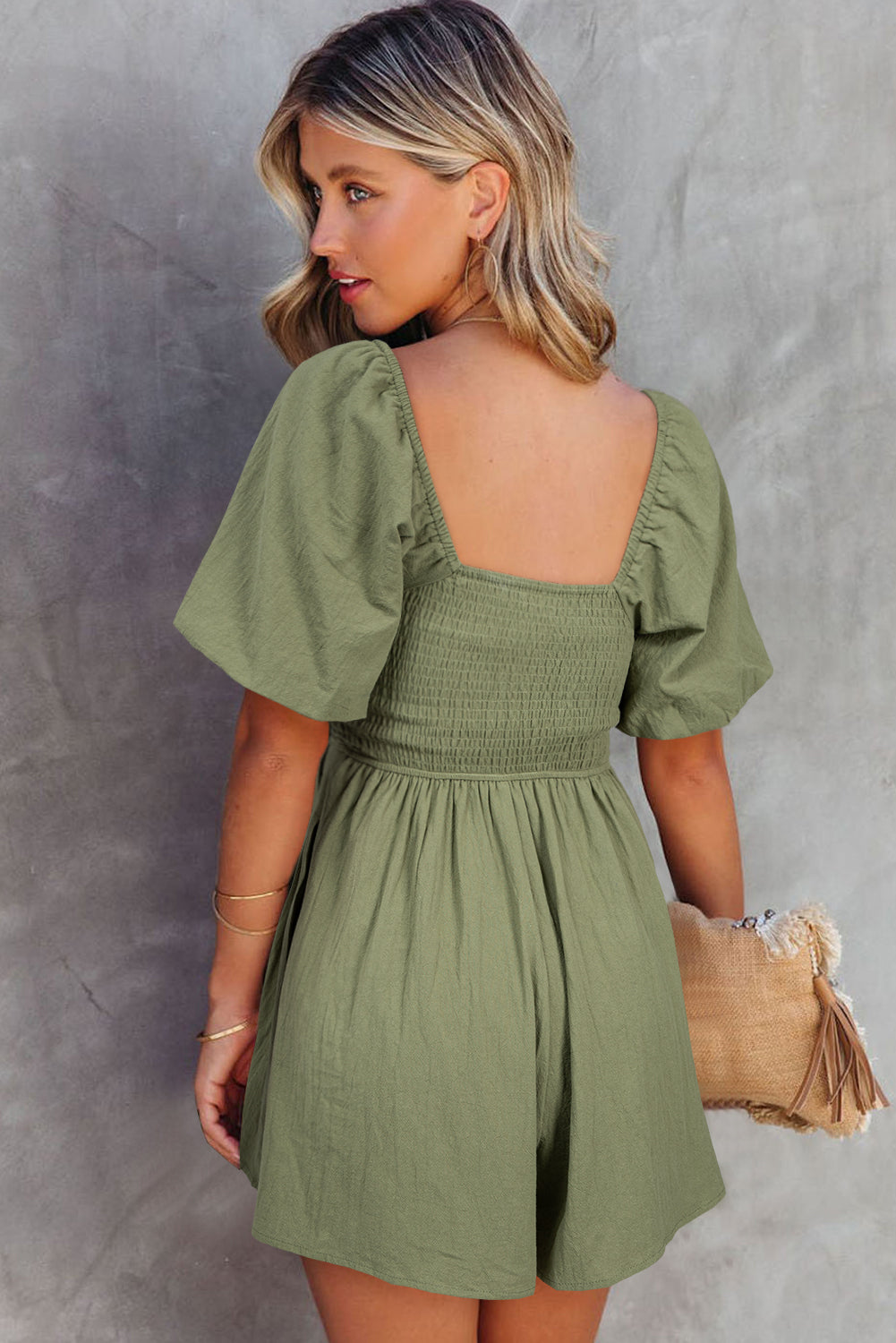 Valerian Square Neck Ruched Puff Sleeve Romper