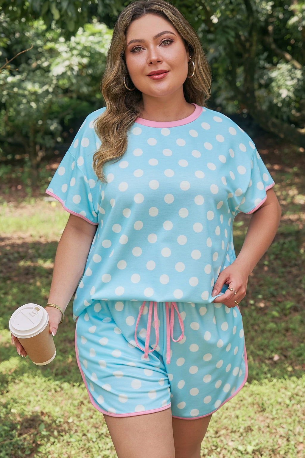 Sky Blue Polka Dot Print Color Block Trim Plus Size 2pcs Short Set