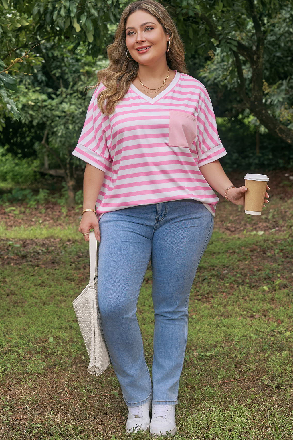 Pink Stripe Colorblock Patched Pocket V Neck Plus Size Tee