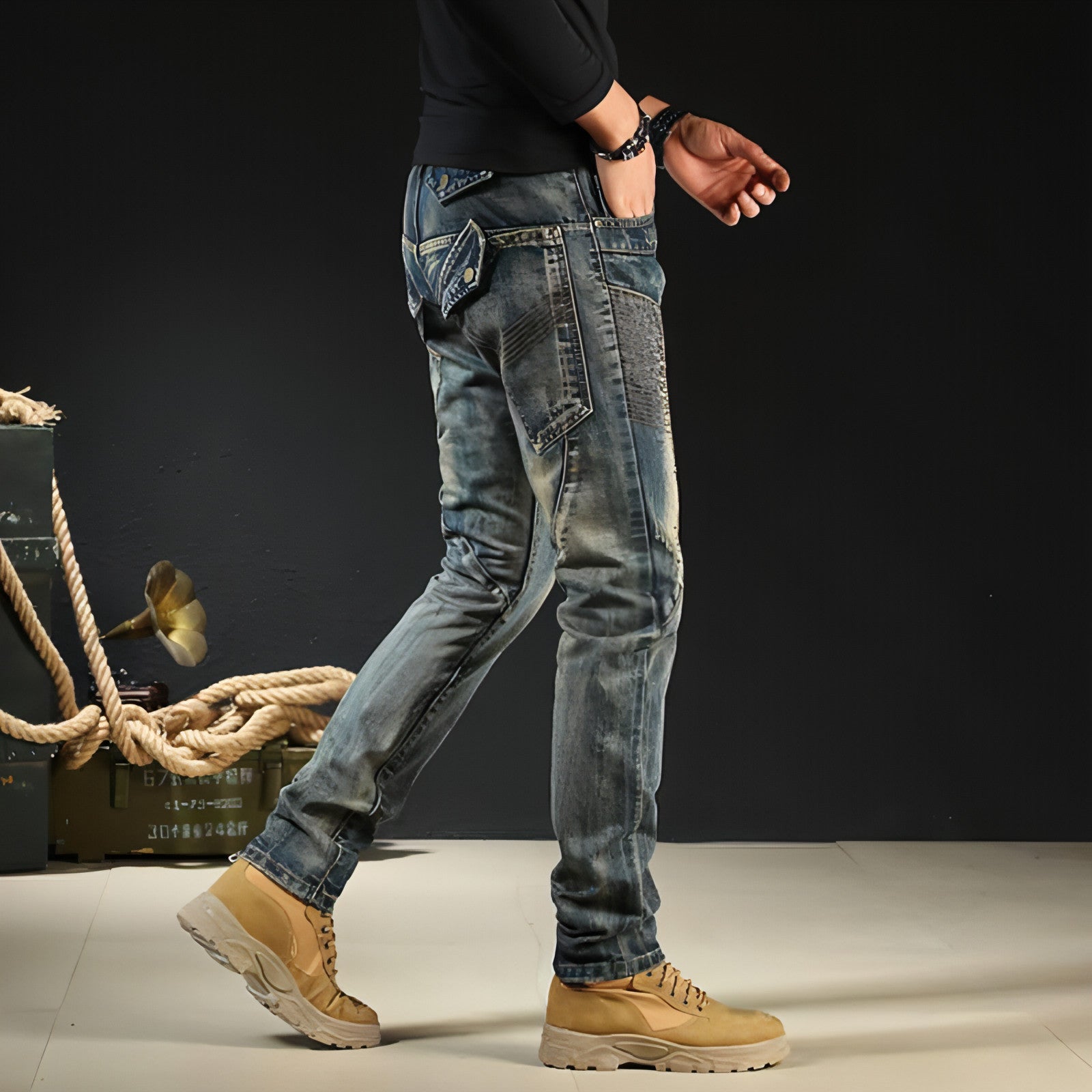 Pantalones vaqueros de motociclista nostálgicos retro de estilo japonés a la moda para hombre