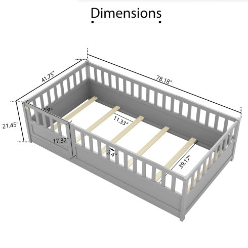 MontessoriPlay™ – Twin Size Wooden Floor Bed with Safety Rails & Door (US Warehouse)