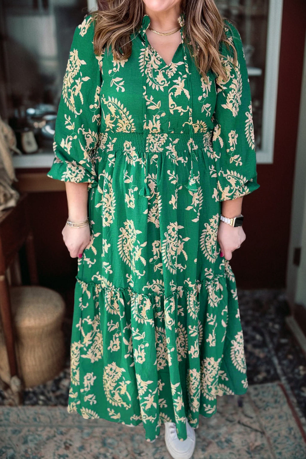 Green Floral Print V Neck Shift Dress Plus Size Dress