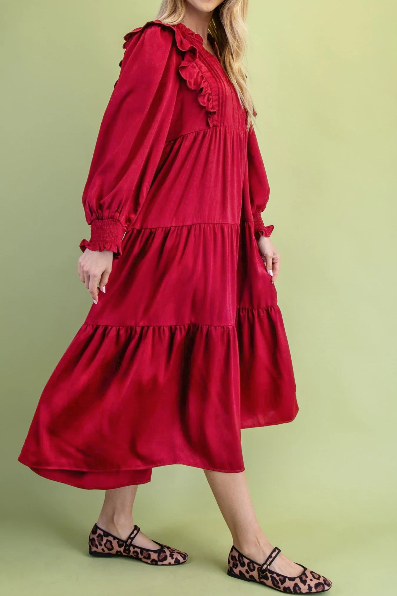 Racing Red Solid Color Ruffle Trim Long Sleeve Tiered Shift Midi Dress