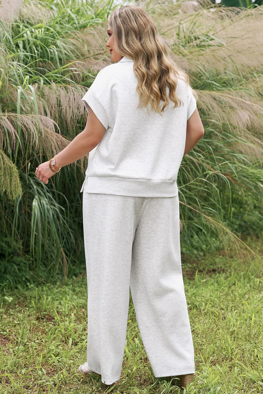 Light Grey Half Zip Polo Tee Loose Pants Plus Size 2pcs Outfit