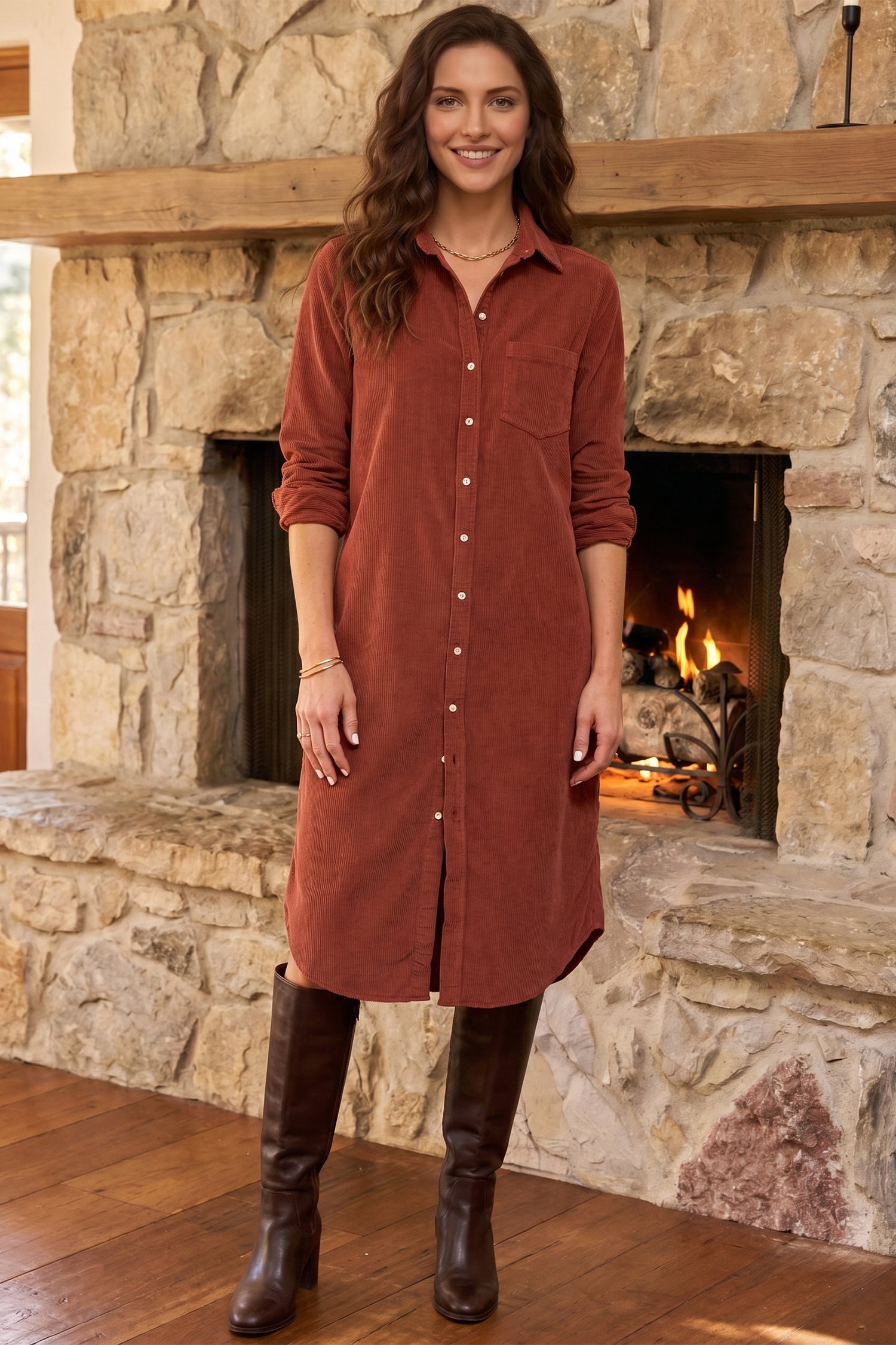 Clay Long Sleeve Button Down Corduroy Midi Length One Piece Dress