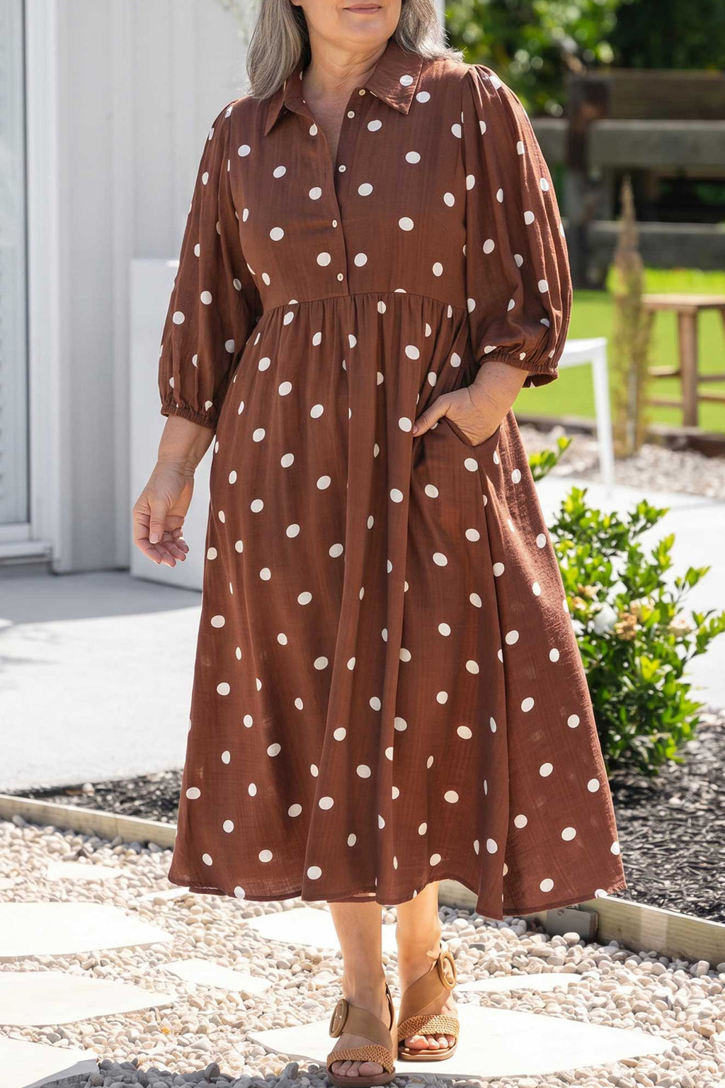Brown Polka Dot V Neck Abdomen Pocket Gathered Cuffs Long Sleeve Shift Plus Size Dress