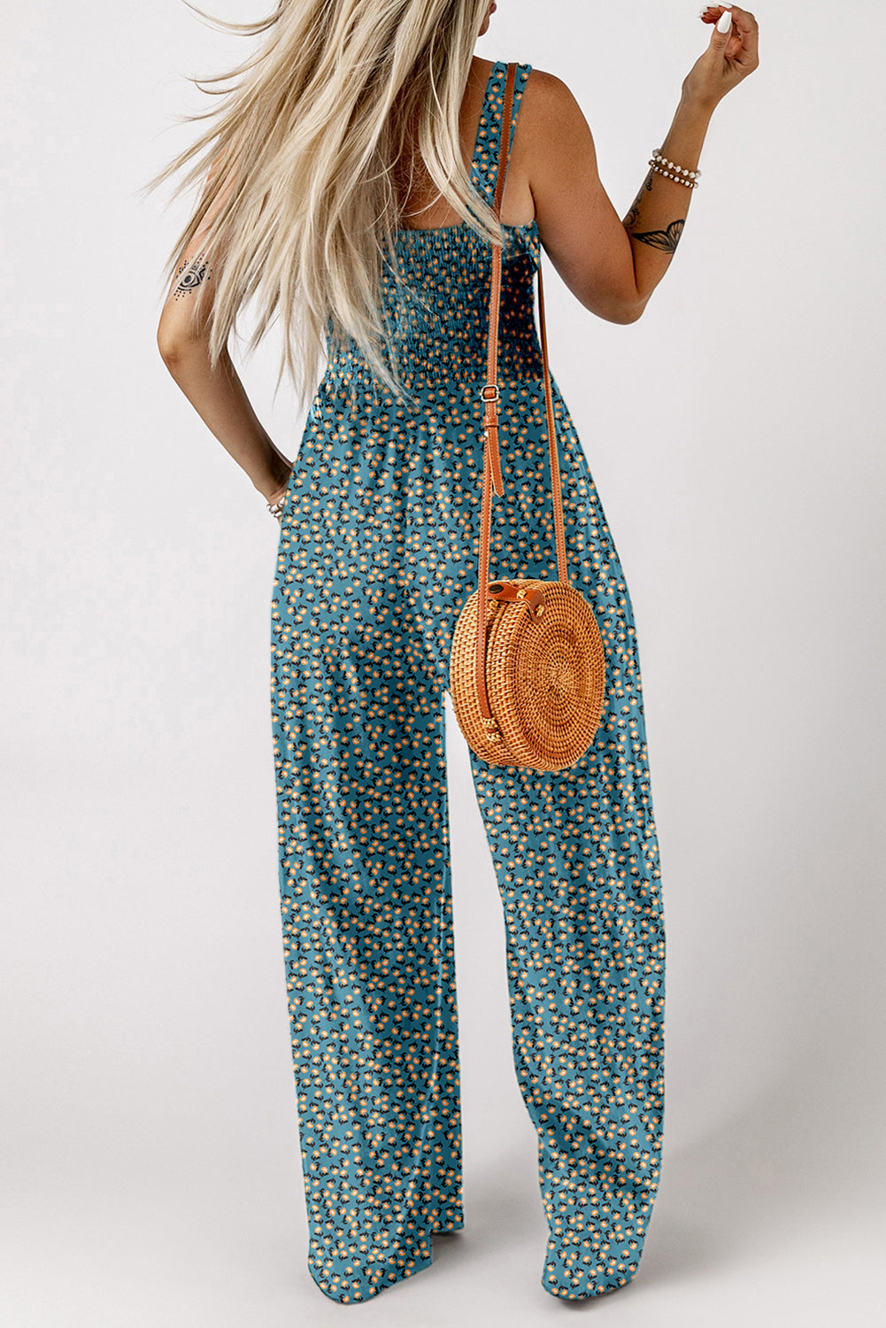 Black Floral Print Smocked High Waist Square Neck Jumpsuit