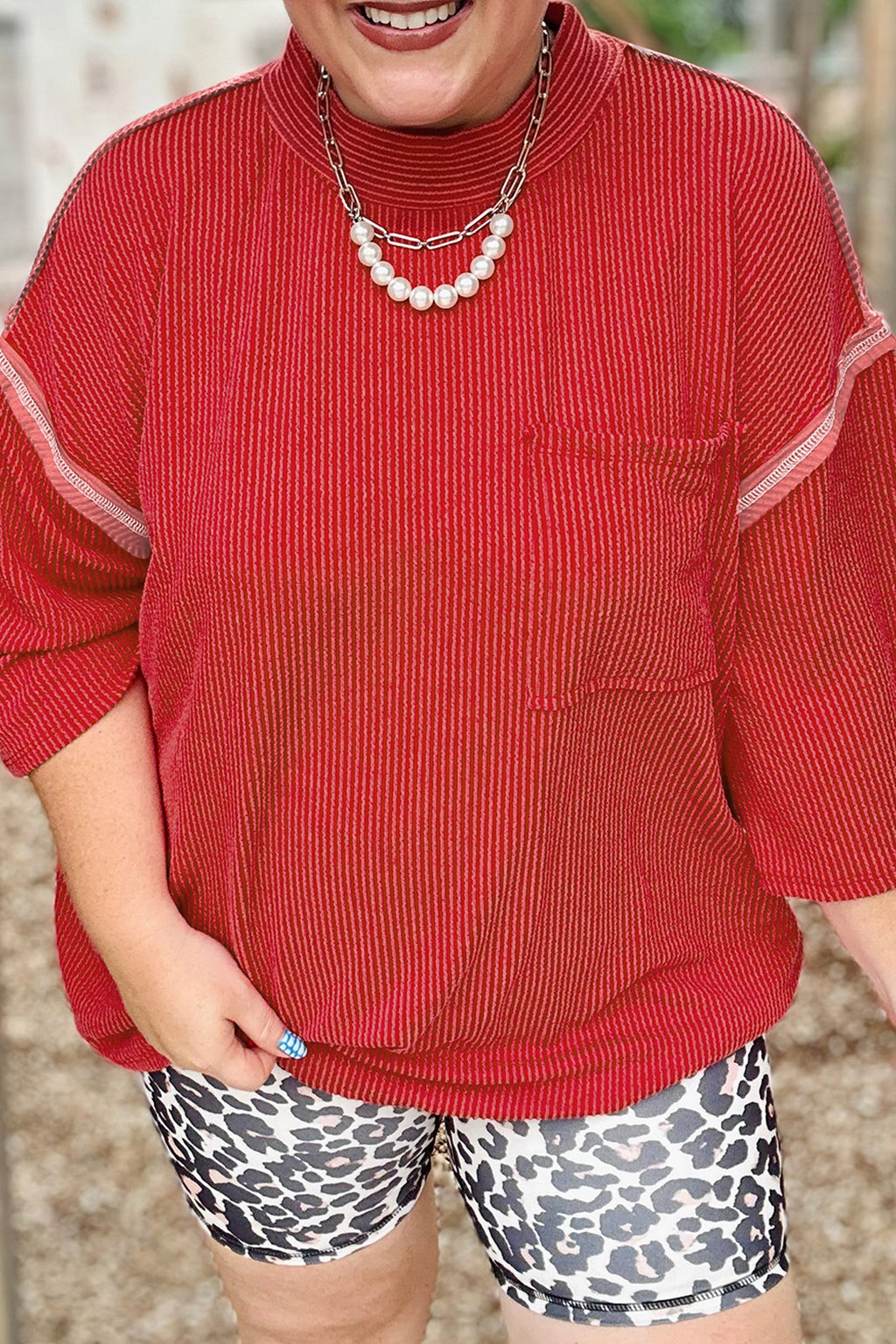Fiery Red Twist Ribbed Tunic Round Neck Bracelet Sleeve Plus Size Blouse