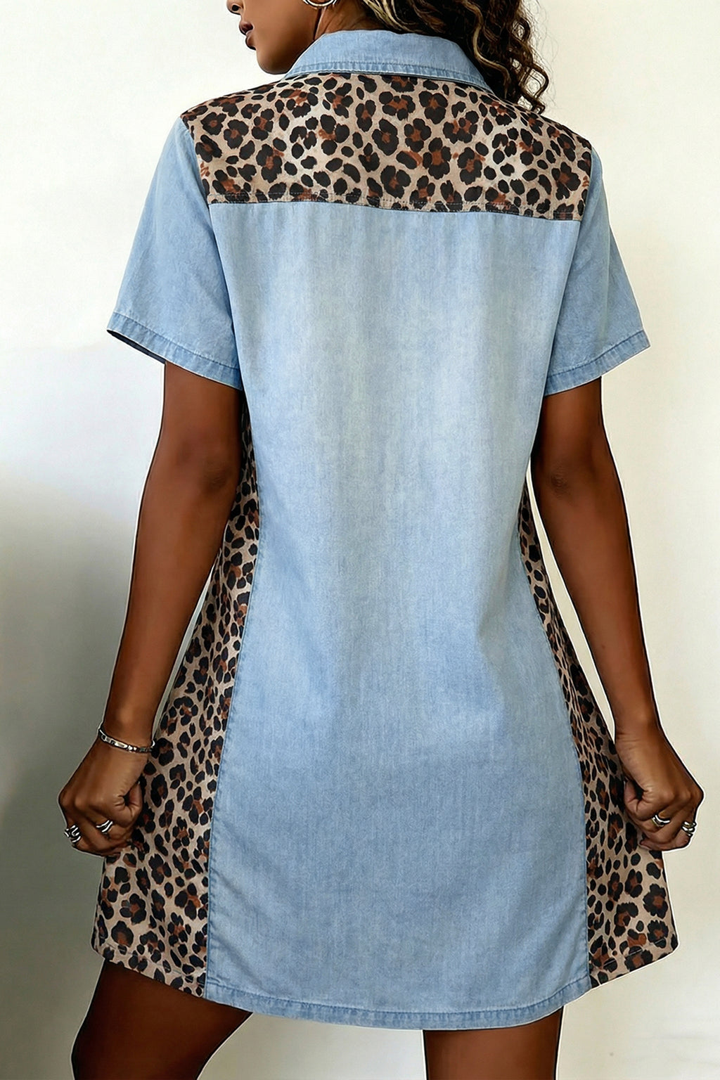 Myosotis Denim Color Block Leopard Patchwork Shirt Collar T Shirt Mini Dress