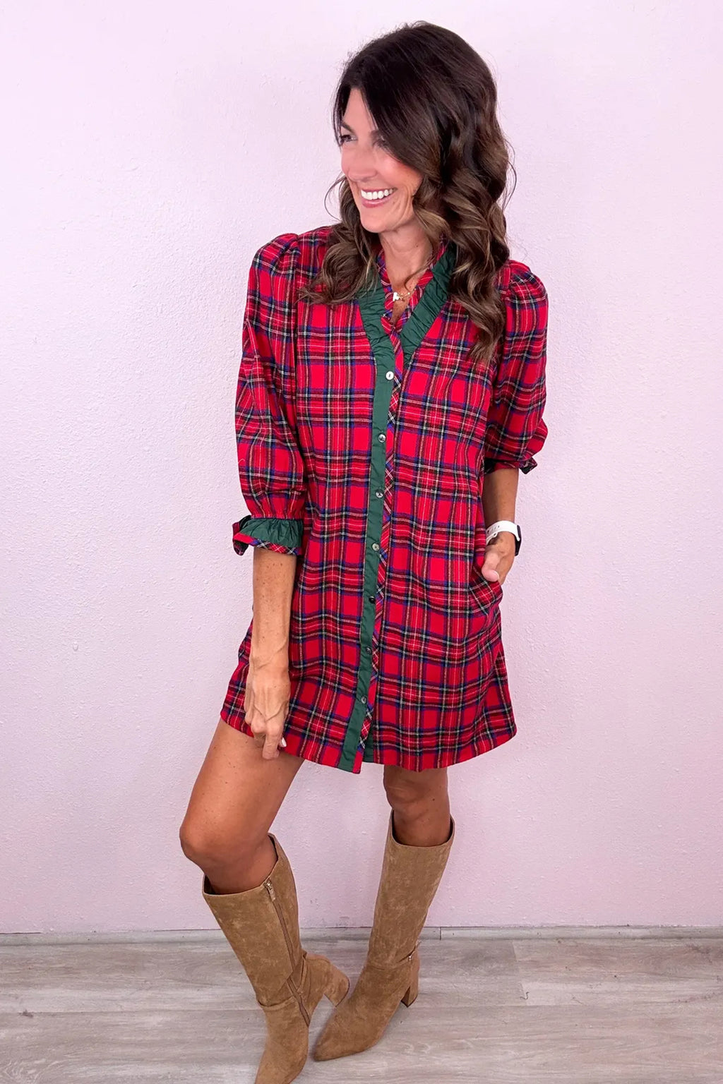 Red Plaid Ruffle Cuff Button Front Pocket Mini Dress