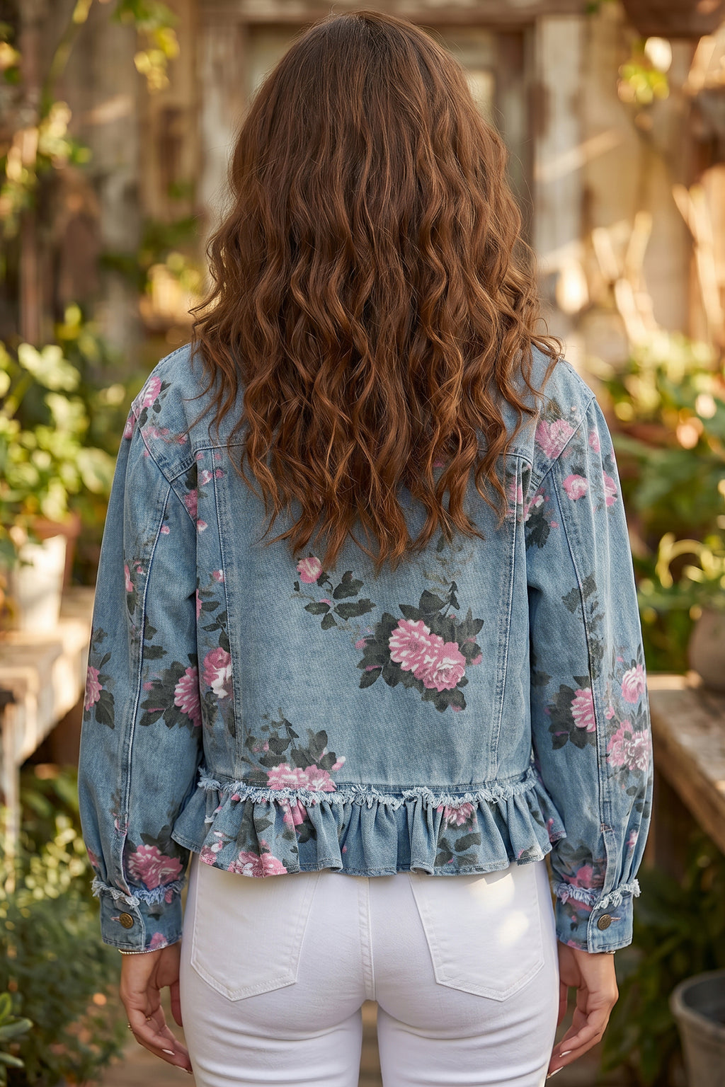 Sky Blue Floral Print Raw Seam Ruffle Hem Denim Jacket