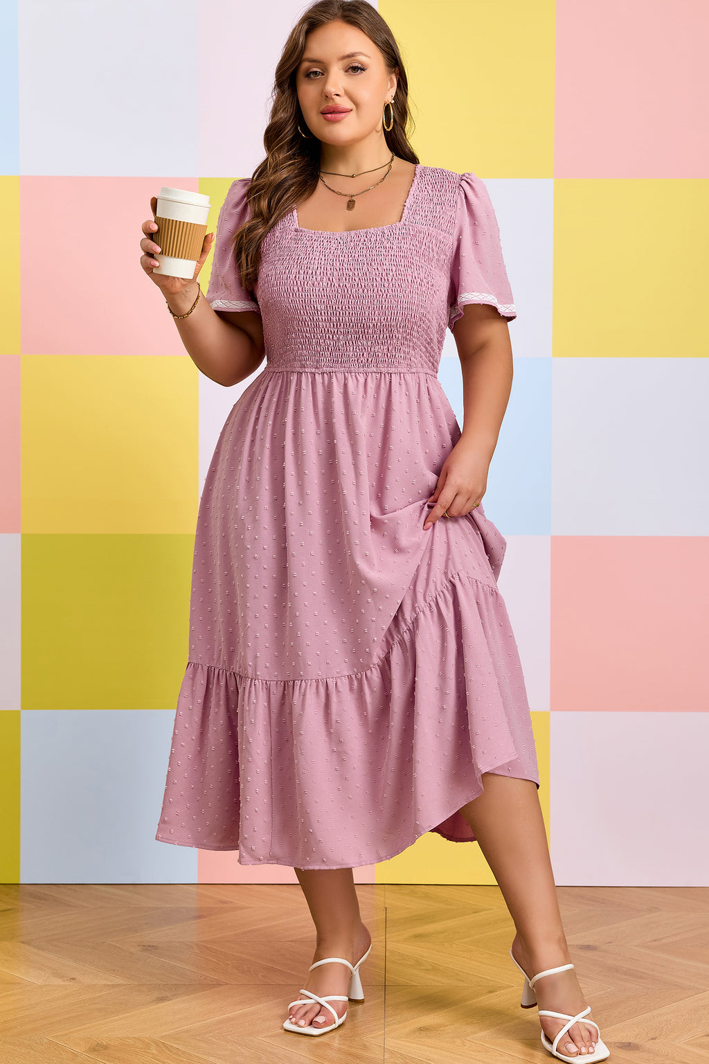 Pink Plus Size Swiss Dot Short Sleeve Smocked High Waist Flowy Midi Dress