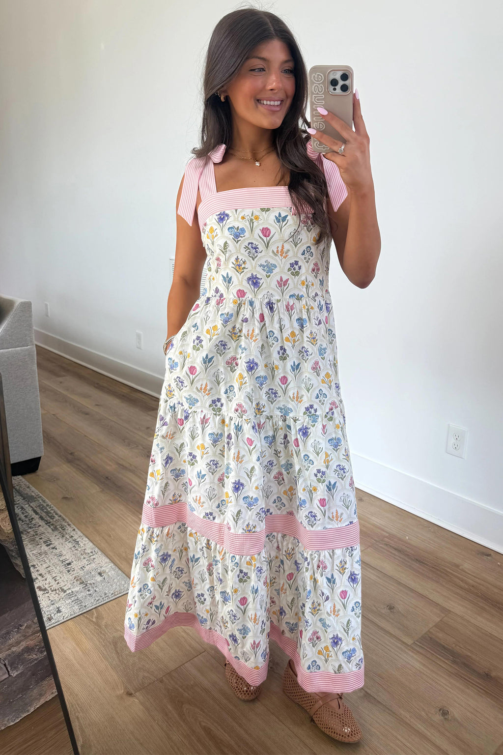 Multicolour Floral Print Striped Detail Knot Straps Maxi Dress