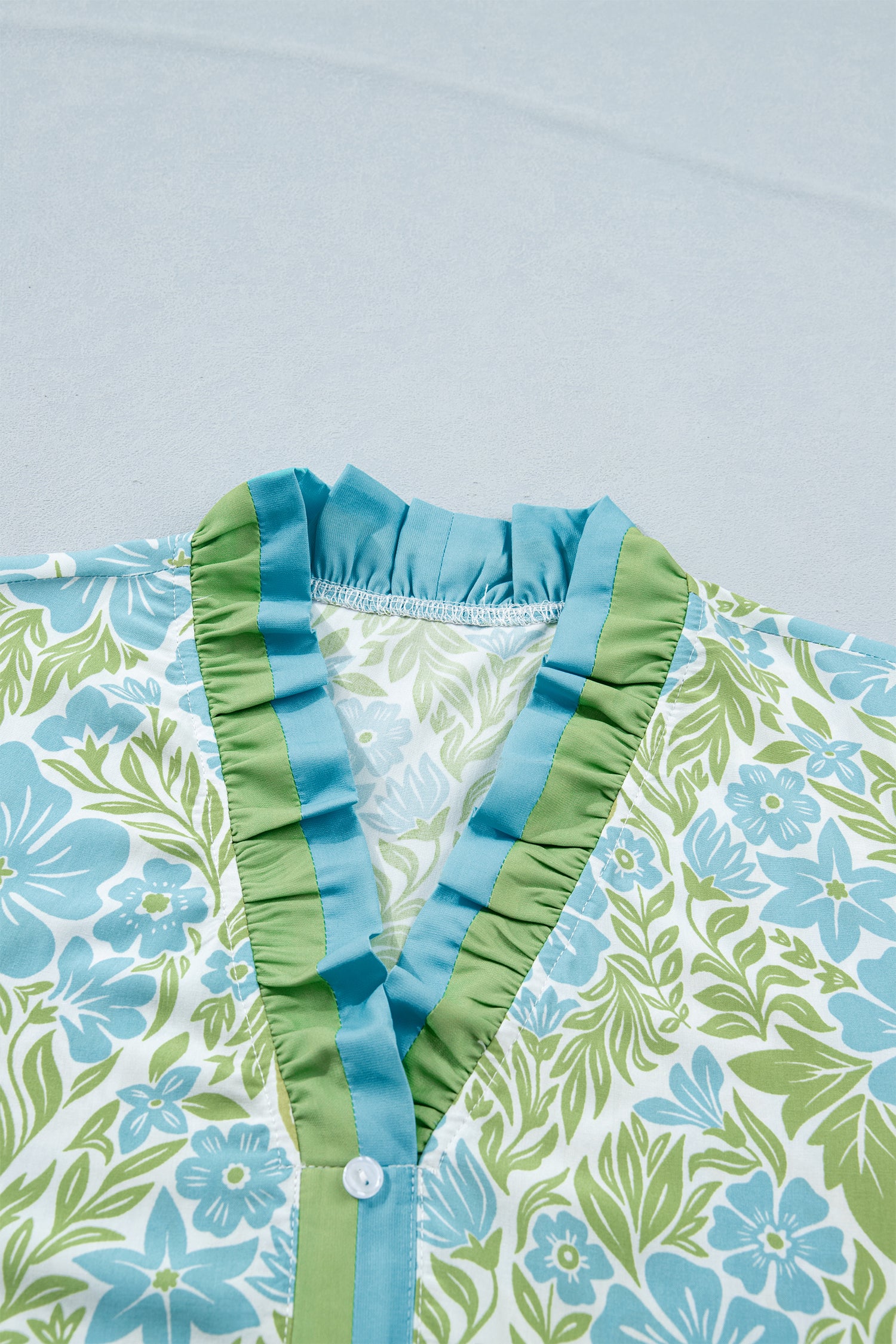 Sky Blue Botanical Floral Print Frilled Trim V Neck Button Front Loose Dress