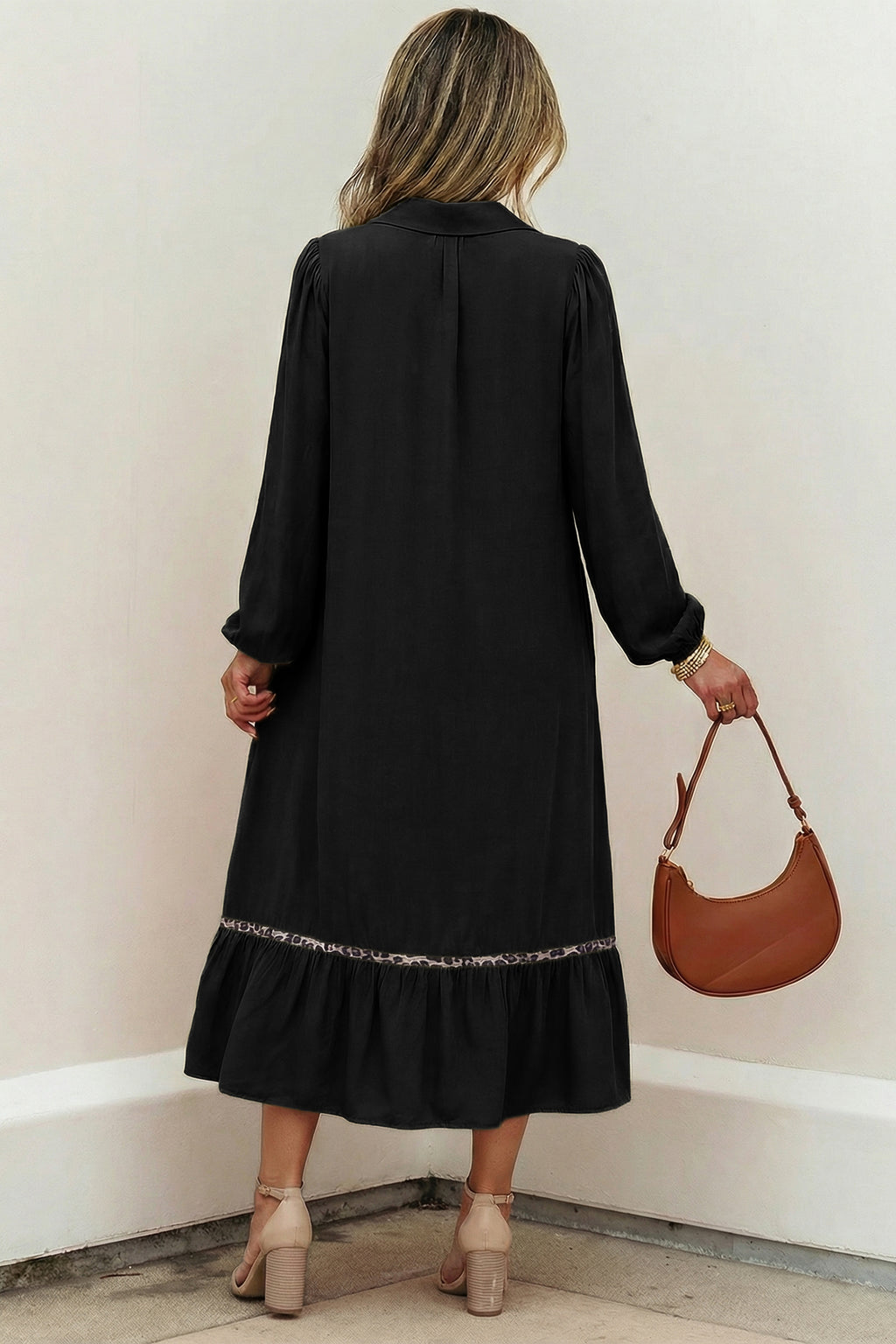 Black Collared V Neck Smocked Detail Contrast Leopard Trim Bracelet Sleeve Long Dress