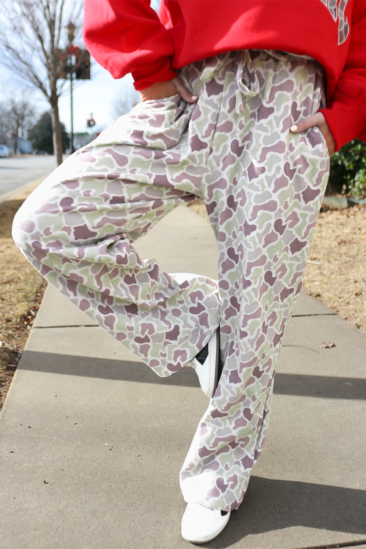 Green Camo Print Drawstring Waist Loose Fit Full Length Pants