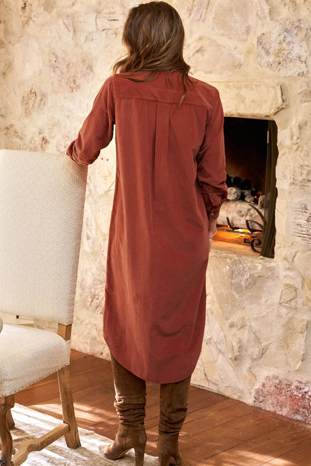 Clay Long Sleeve Button Down Corduroy Midi Length One Piece Dress