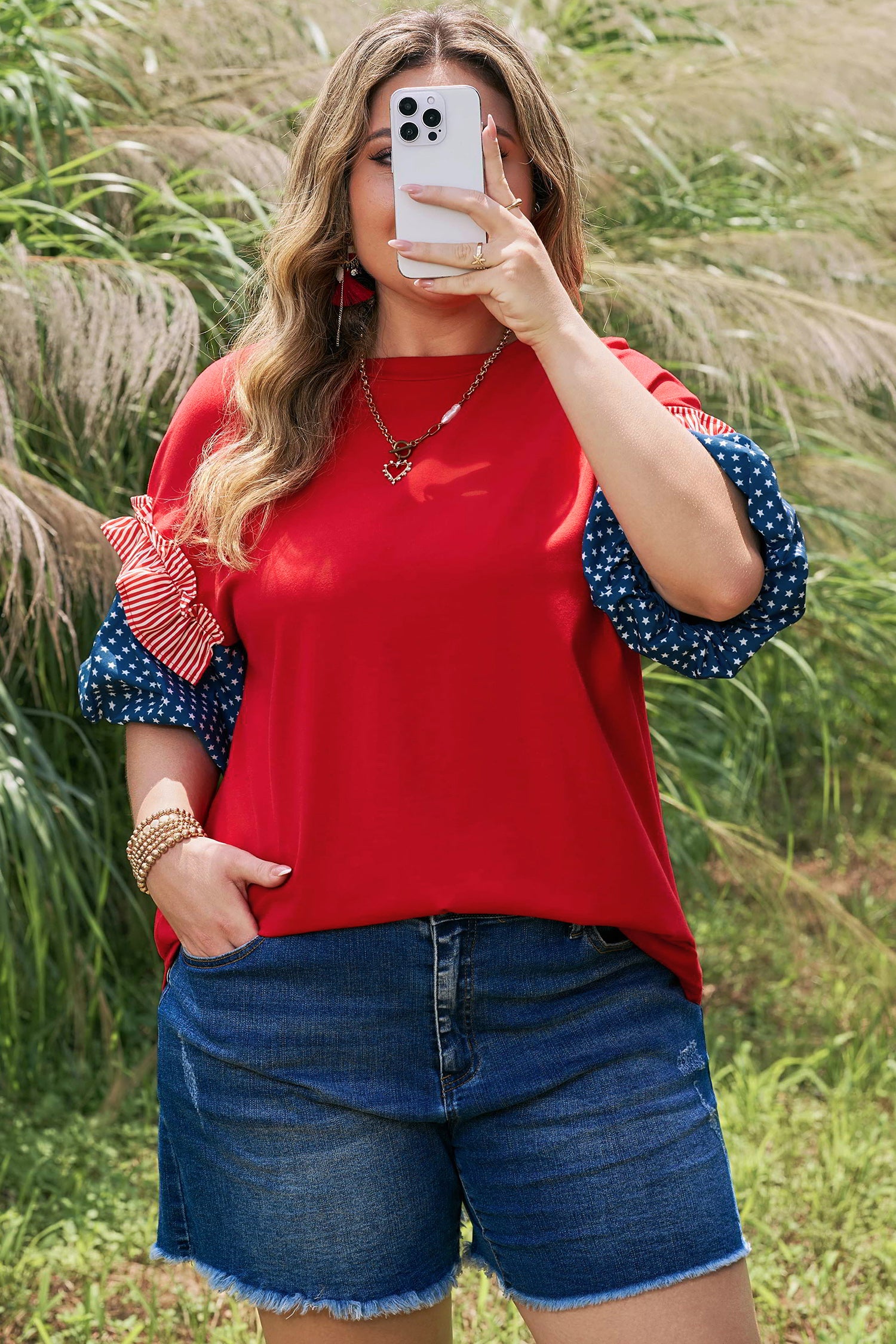 Fiery Red Plus Size Striped Ruffles Star Short Bubble Sleeve Patchwork Top