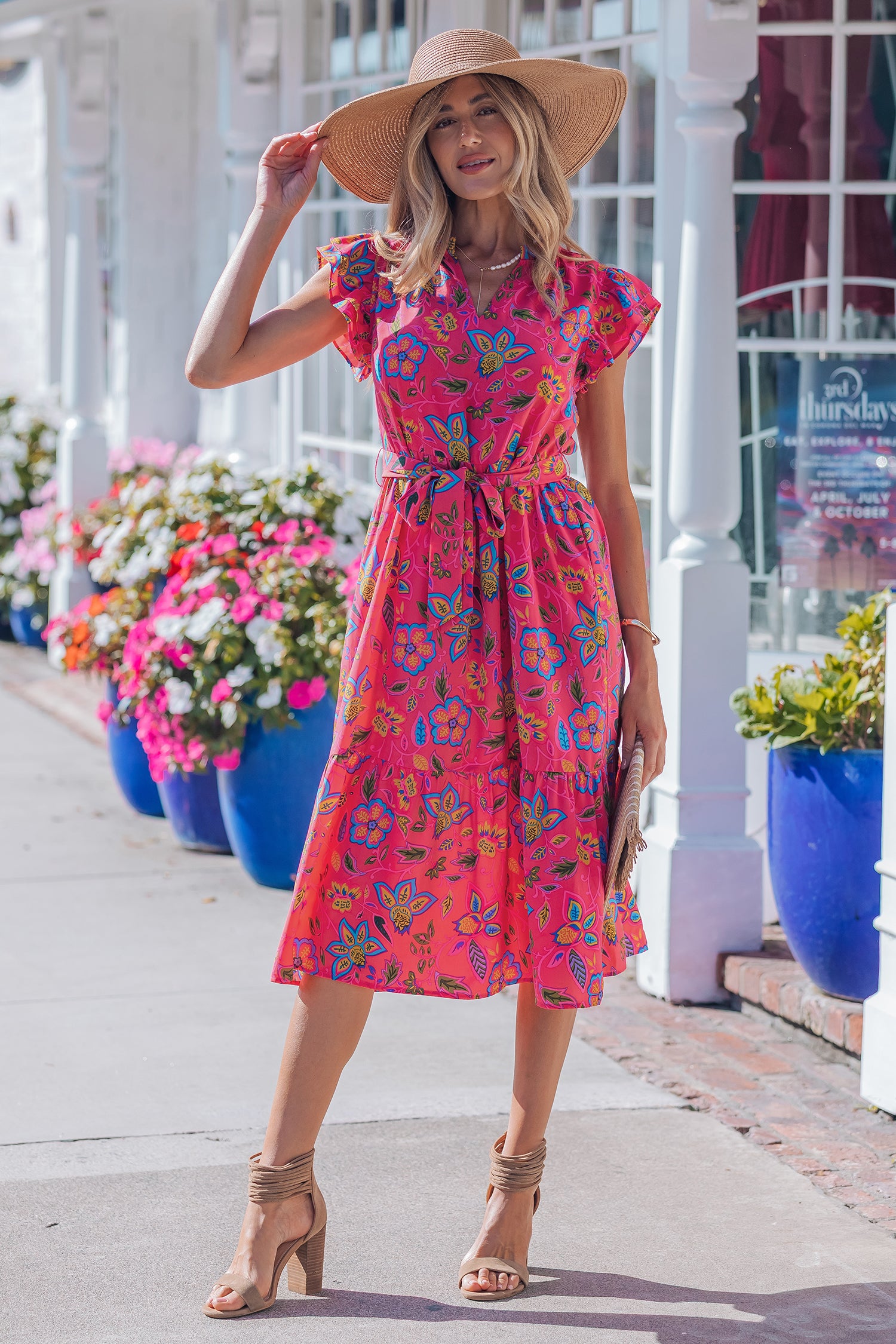 Rose Flutter Sleeve Belted Floral Long Dress