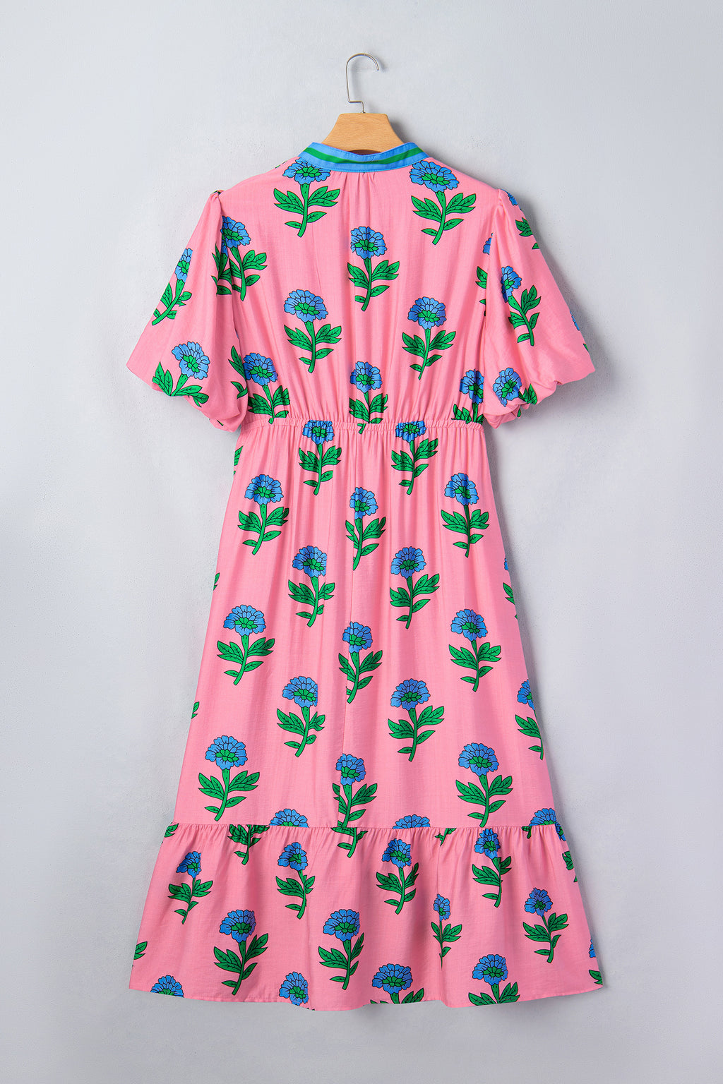 Pink Plus Size Striped V Neck Ruffled Floral Long Dress