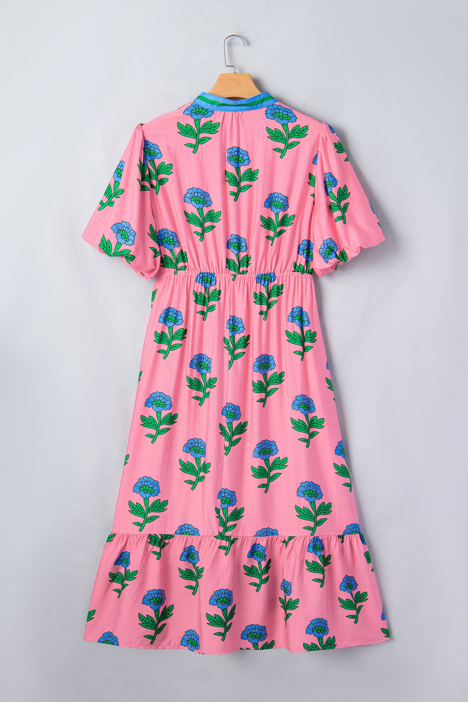 Pink Plus Size Striped V Neck Ruffled Floral Long Dress
