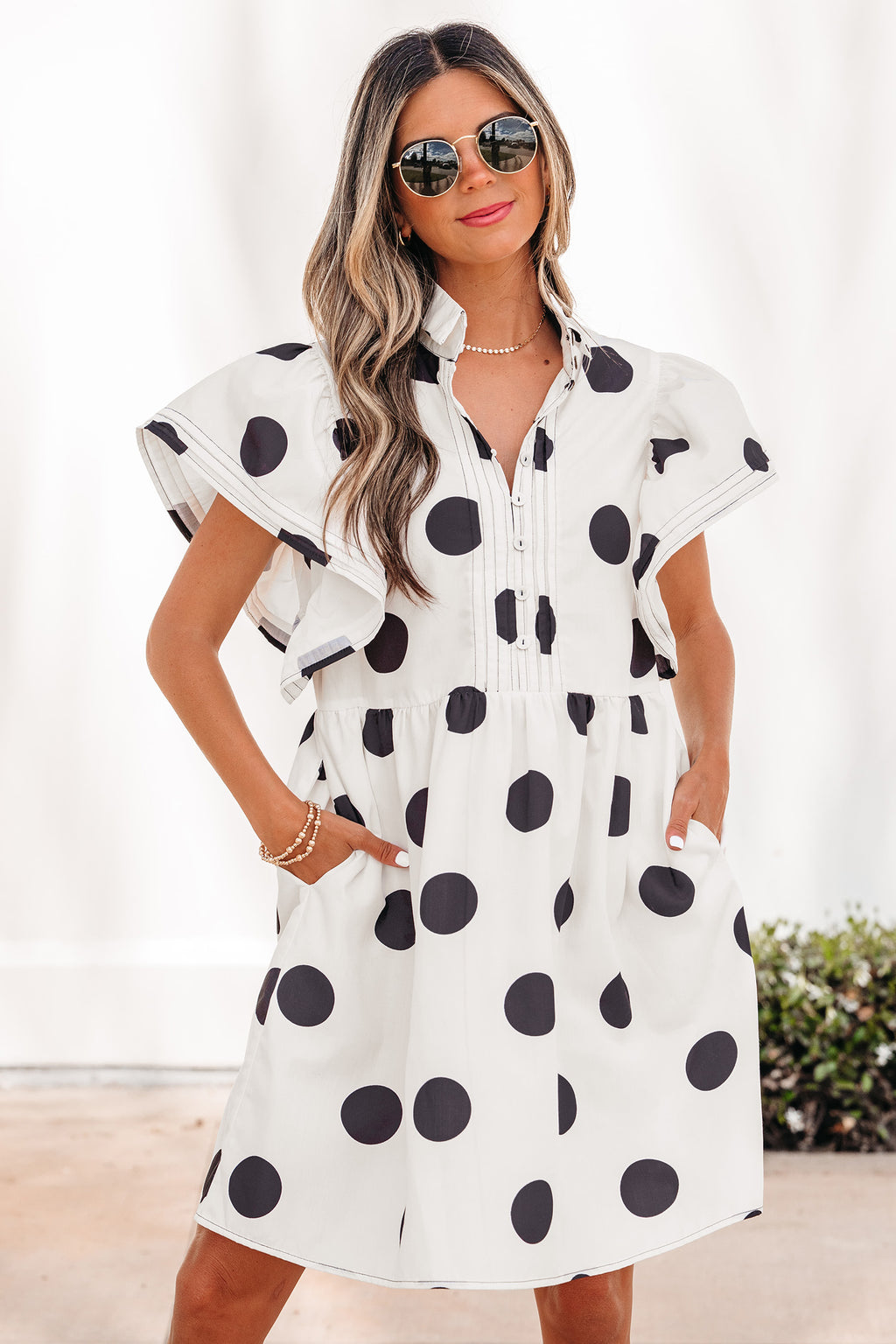 White Polka Dot Print Half Button Ruffled Short Sleeve Loose Mini Dress
