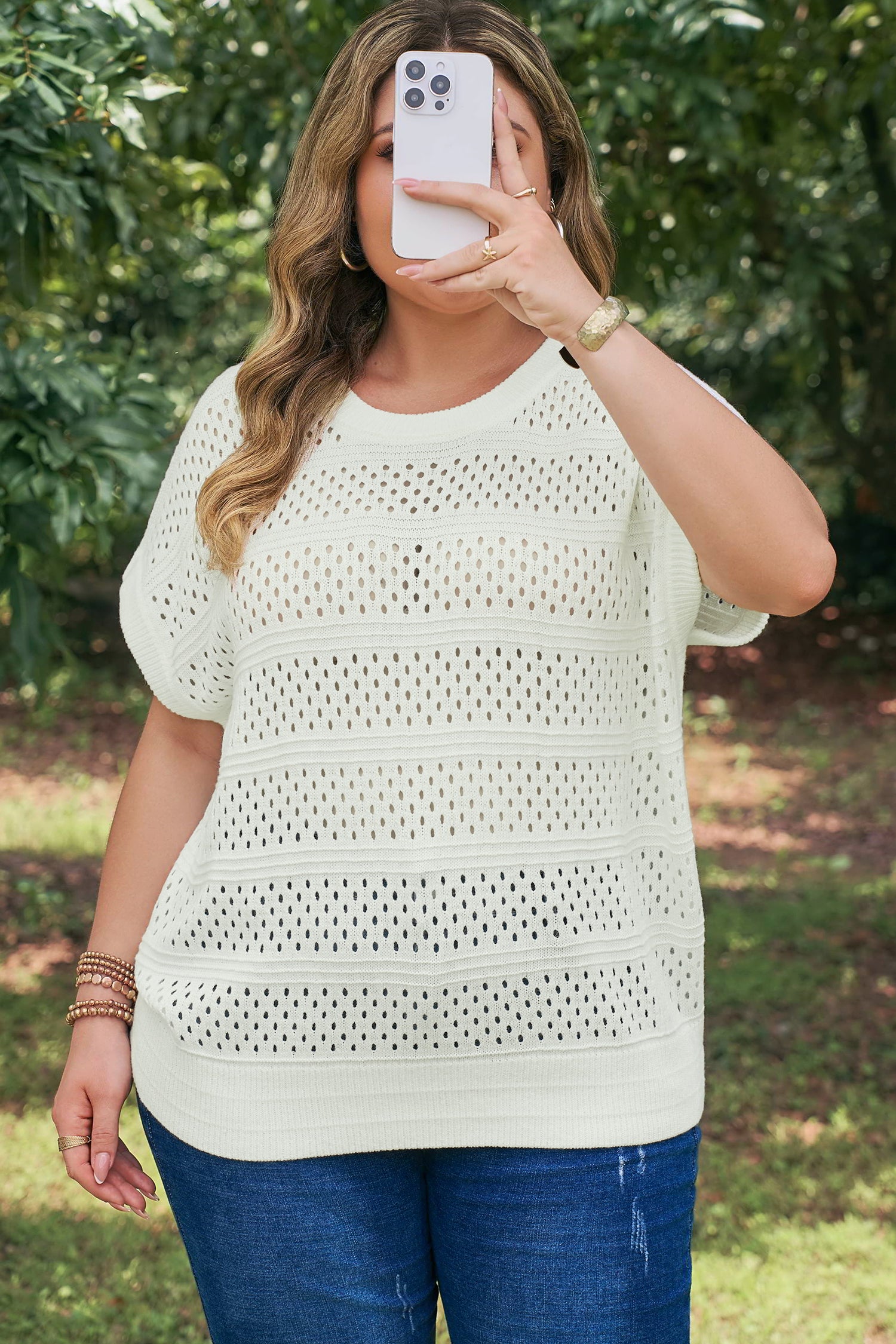 White Plus Size Eyelet Hollow Out Knit Ribbed Trim Short Sleeve Dolman Sweater