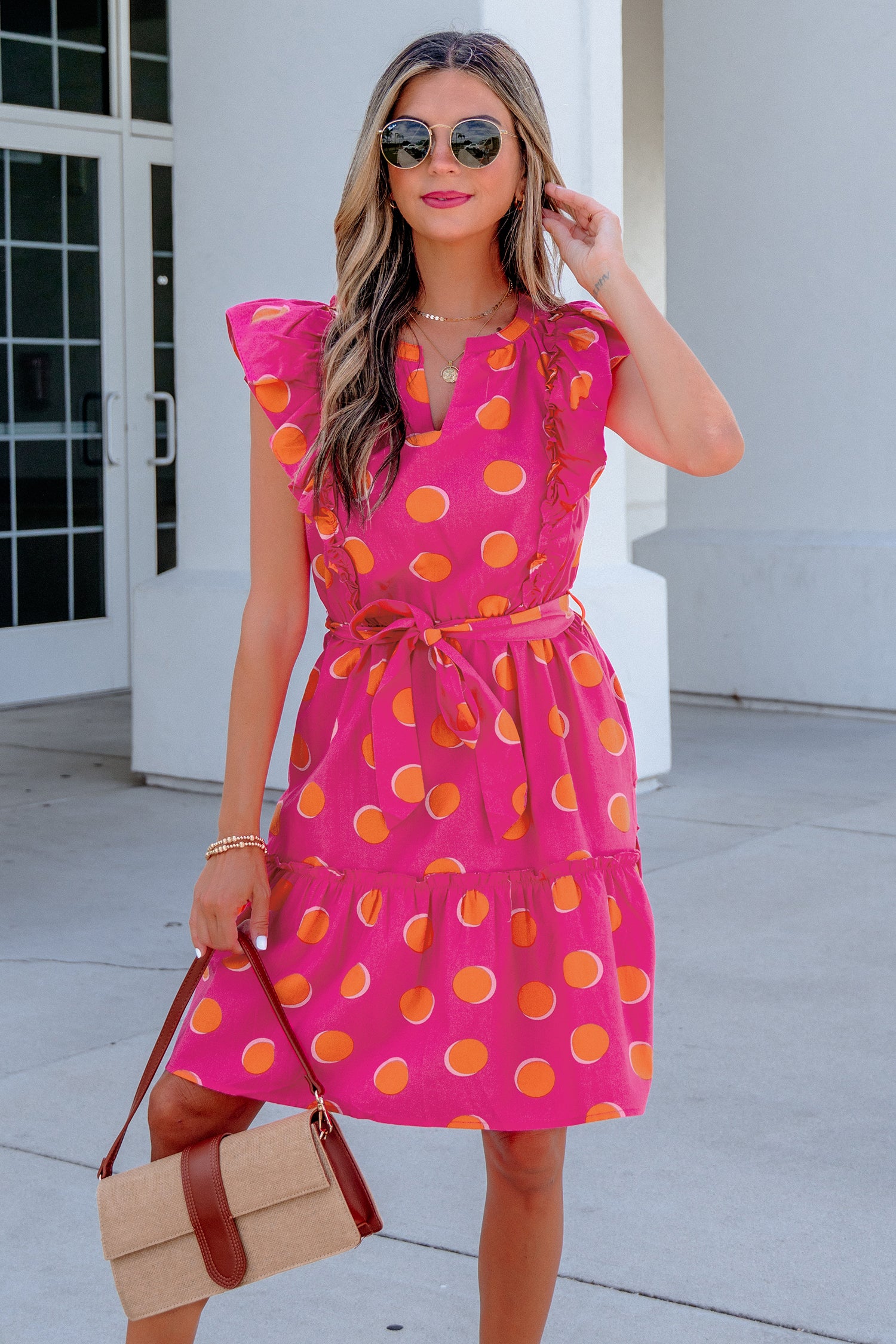 Rose Double Polka Dot V Neck Ruffled Short Sleeve Dress