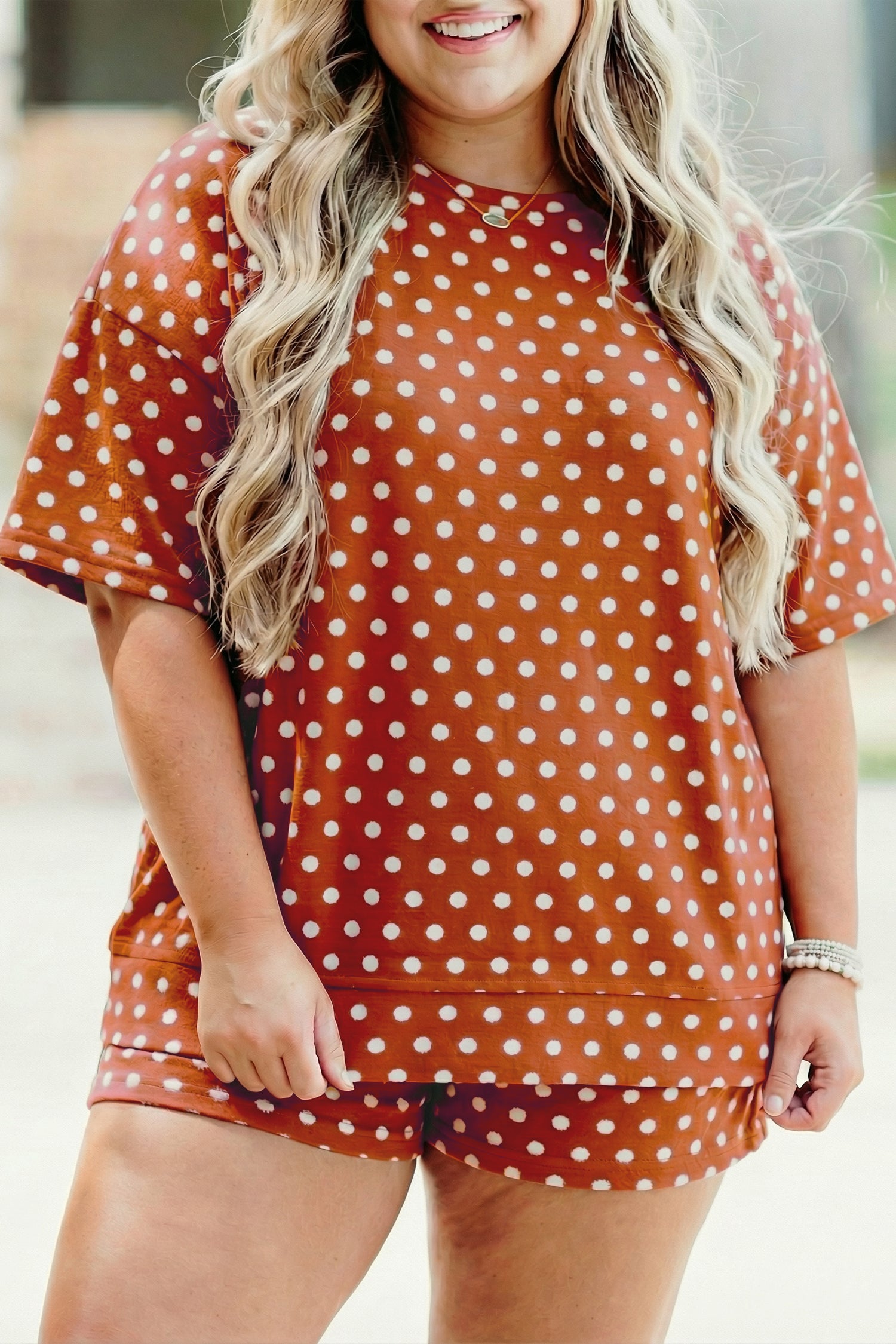 Brown Polka Dot Print Dropped Shoulder Tee Plus Size Short Set