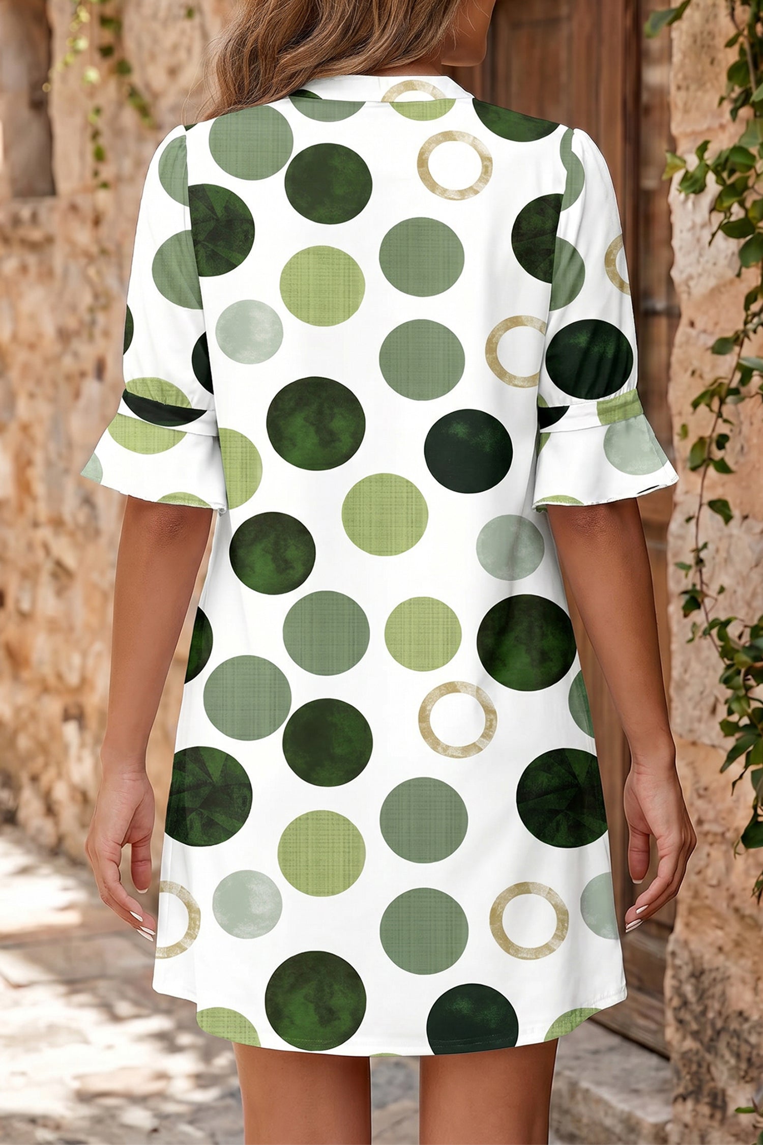 Green Polka Dot Print Flounced Half Sleeve Casual Vacation Style Mini Dress