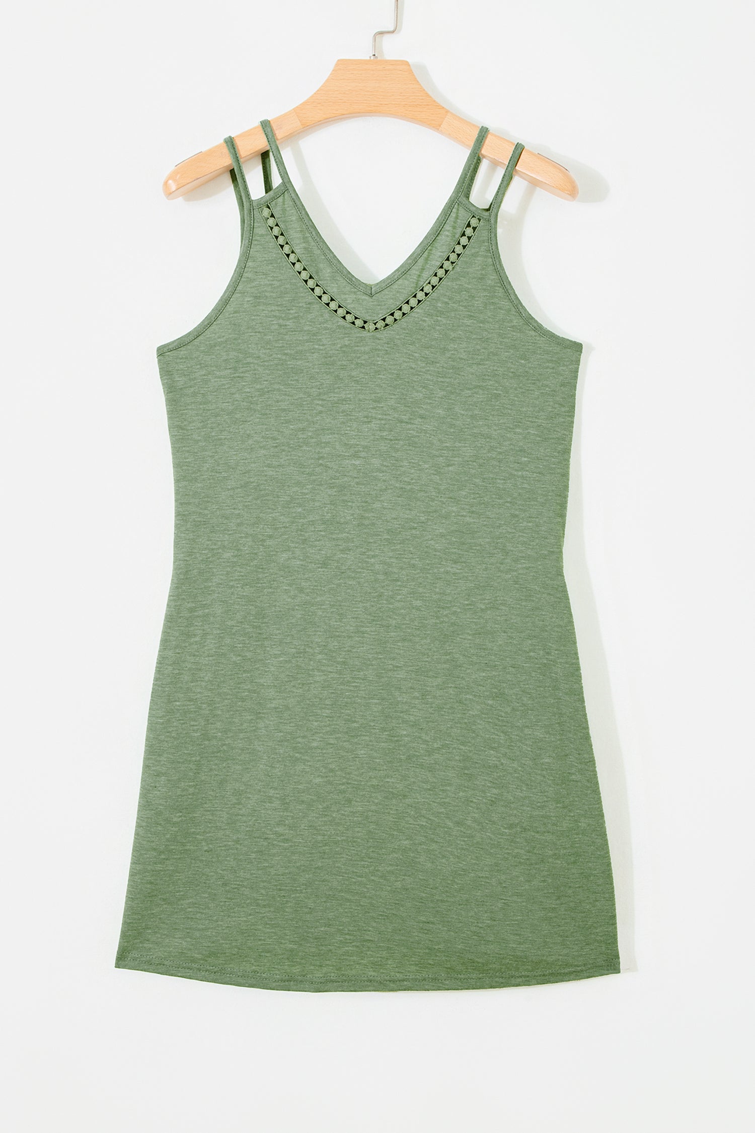 Grass Green Solid Color Lace Detail V Neck Sleeveless Shift Mini Dress