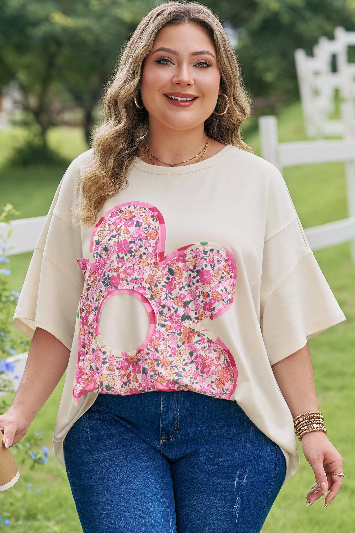 Jet Stream Big Flower Patched Plus Size Tunic T-Shirt