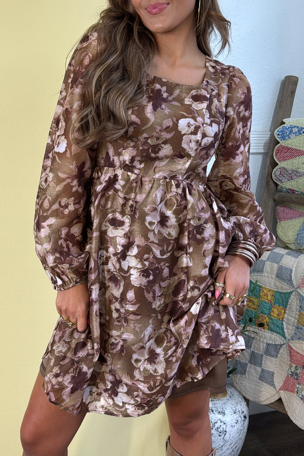 Brown Abstract Floral Print Square Neck Long Sleeve Mini Shift Dress