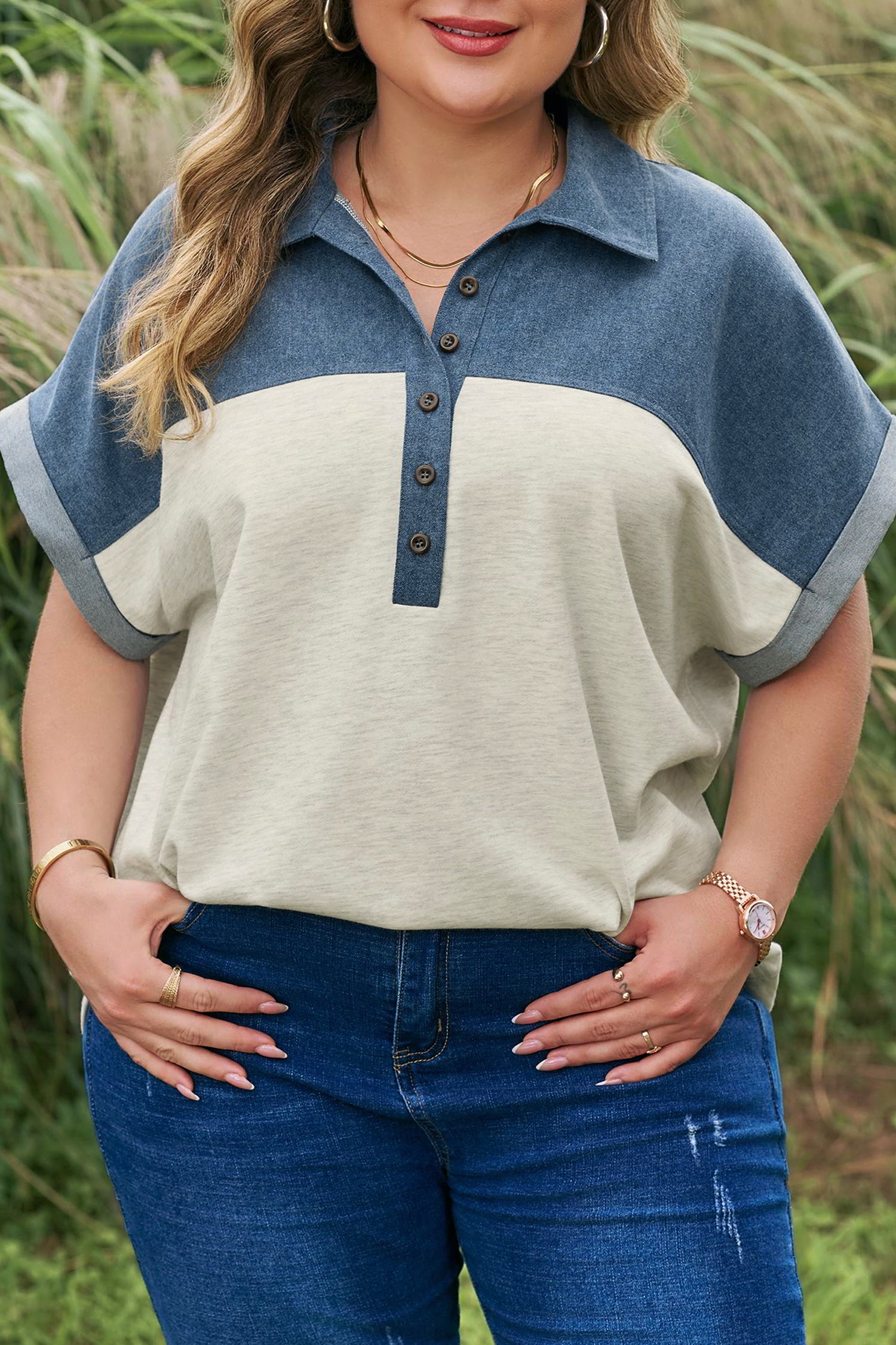 Light Grey Half Buttons Collared Denim Patchwork Plus Short Sleeve Top