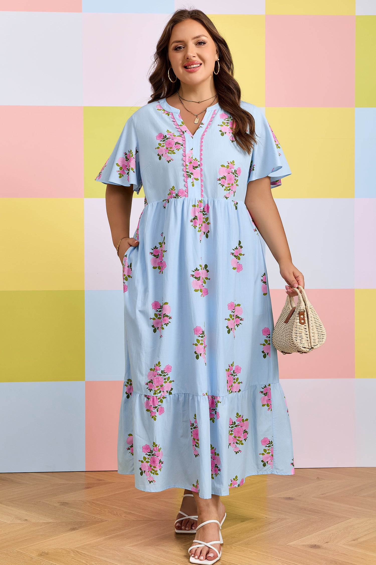 Sky Blue Plus Size Floral Print Scalloped Trim V-Neck Dress