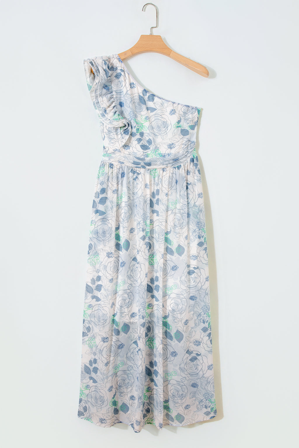 Sky Blue Floral Print Ruffled One Shoulder Vacation Maxi Dress