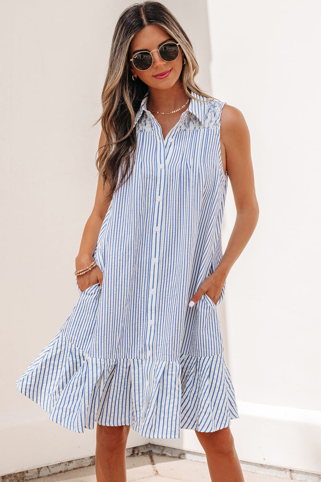 Sky Blue Stripe Shirt Collar Shirred Detail Ruffle Hem Sleeveless Dress