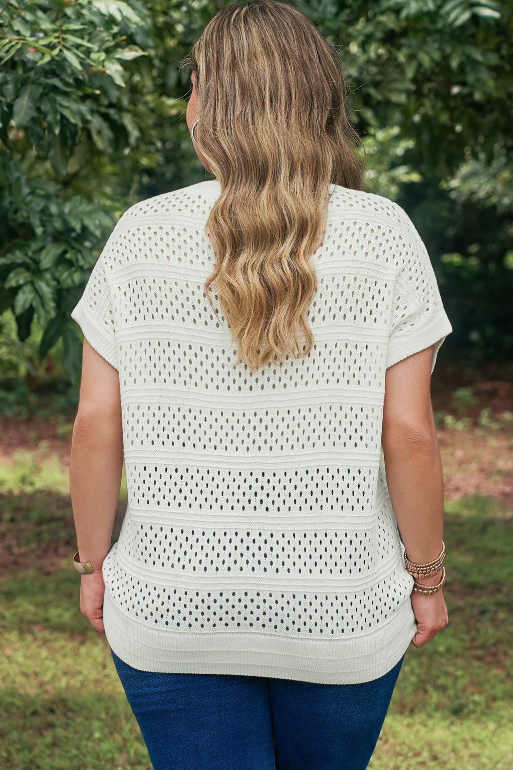 White Plus Size Eyelet Hollow Out Knit Ribbed Trim Short Sleeve Dolman Sweater
